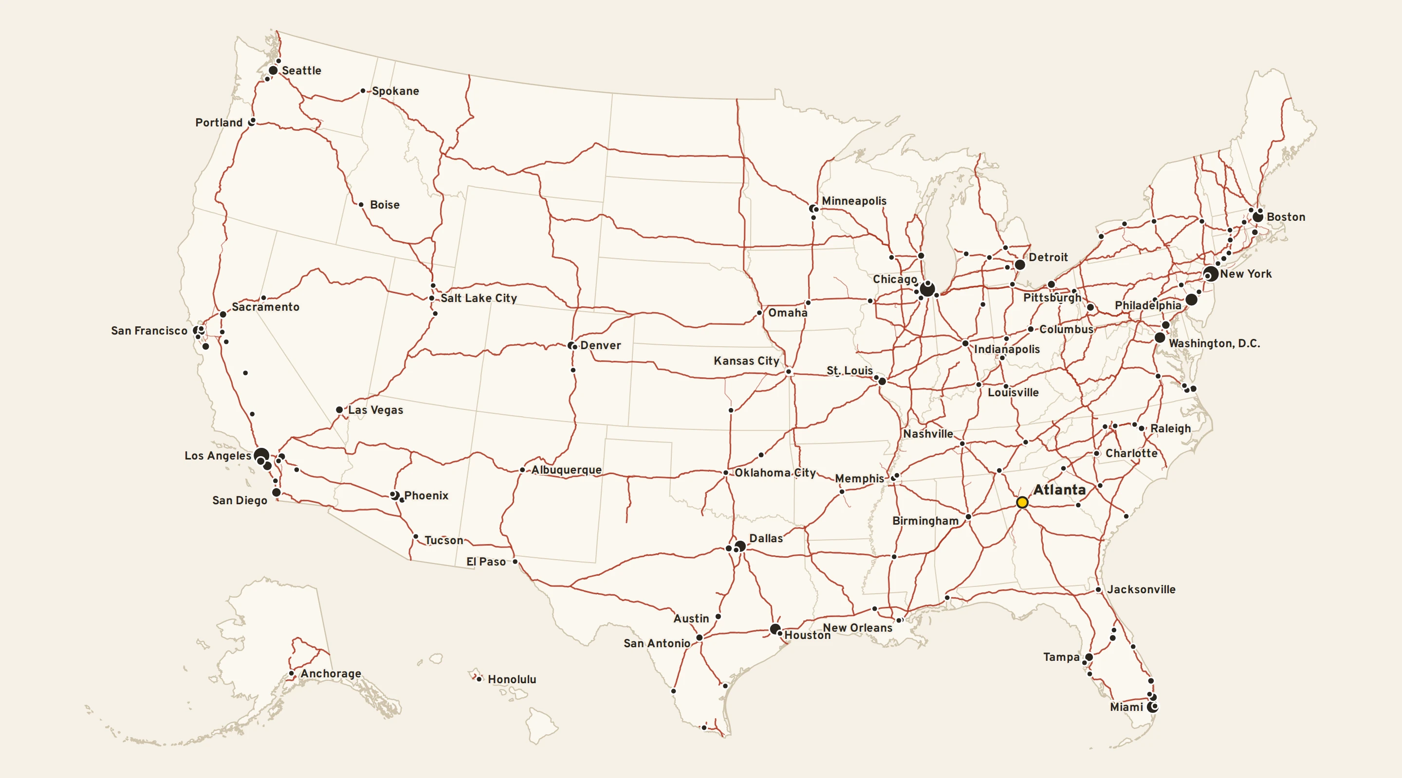 Map of the United States with the whole Interstate System drawn in red and the largest cities as dots; Atlanta is highlighted in yellow.
