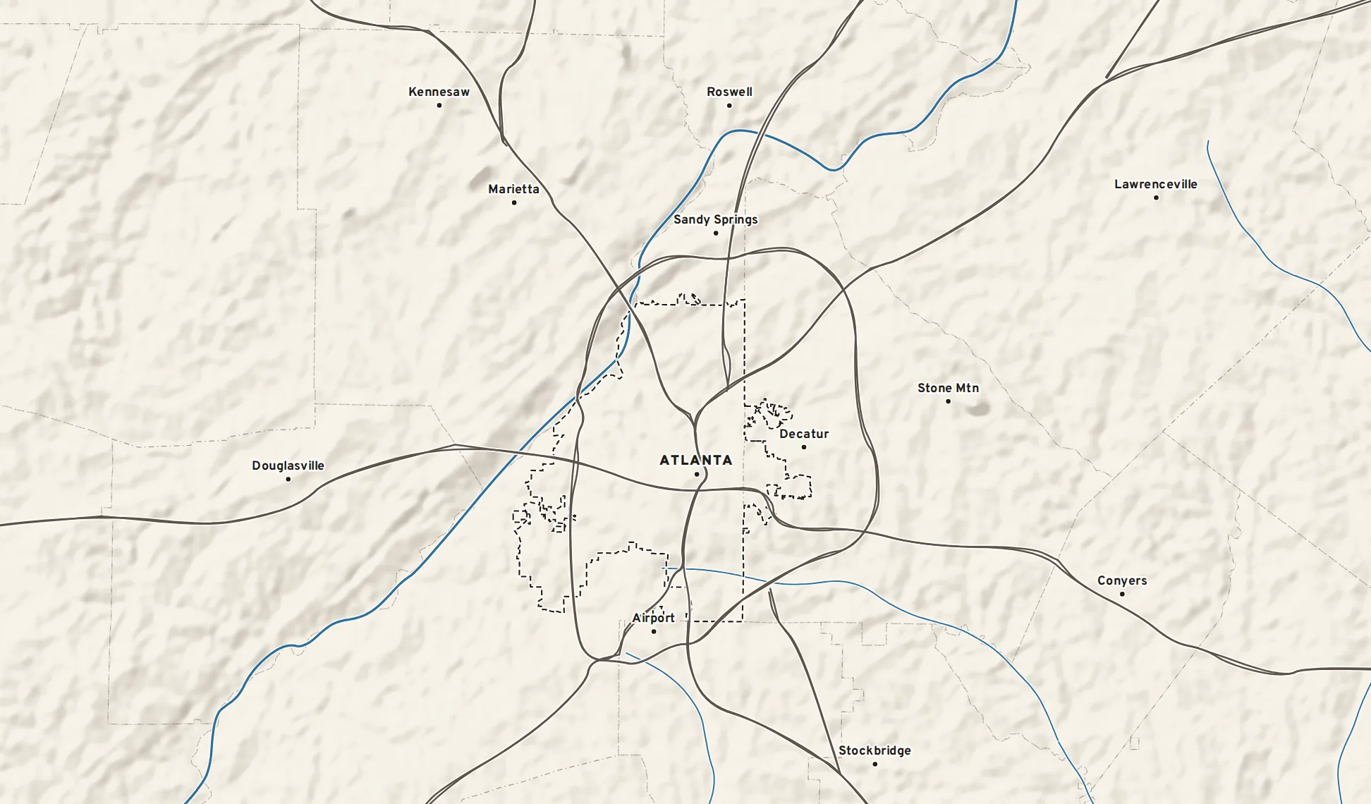 The weather ground for metro Atlanta: faint shaded relief on cream, county lines, rivers in blue, interstates in warm gray with white casing, the city limits dashed, and twelve labeled places.
