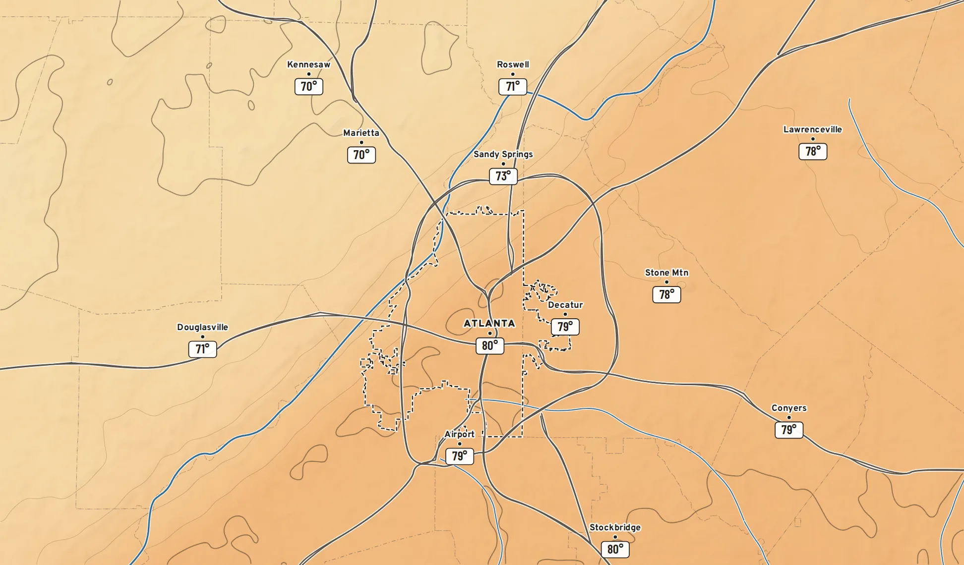 Forecast temperature for 2 PM Wednesday across metro Atlanta: 79 to 80 degrees downtown and to the southeast in orange, 70 to 71 degrees behind the line of storms to the northwest in pale tan, with a contour every 2 degrees.