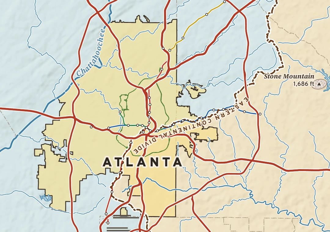 The atlas plate of central Atlanta: full-strength relief, the city filled in gold, blue and tan drainage basins split by the Eastern Continental Divide, red interstates and MARTA lines.