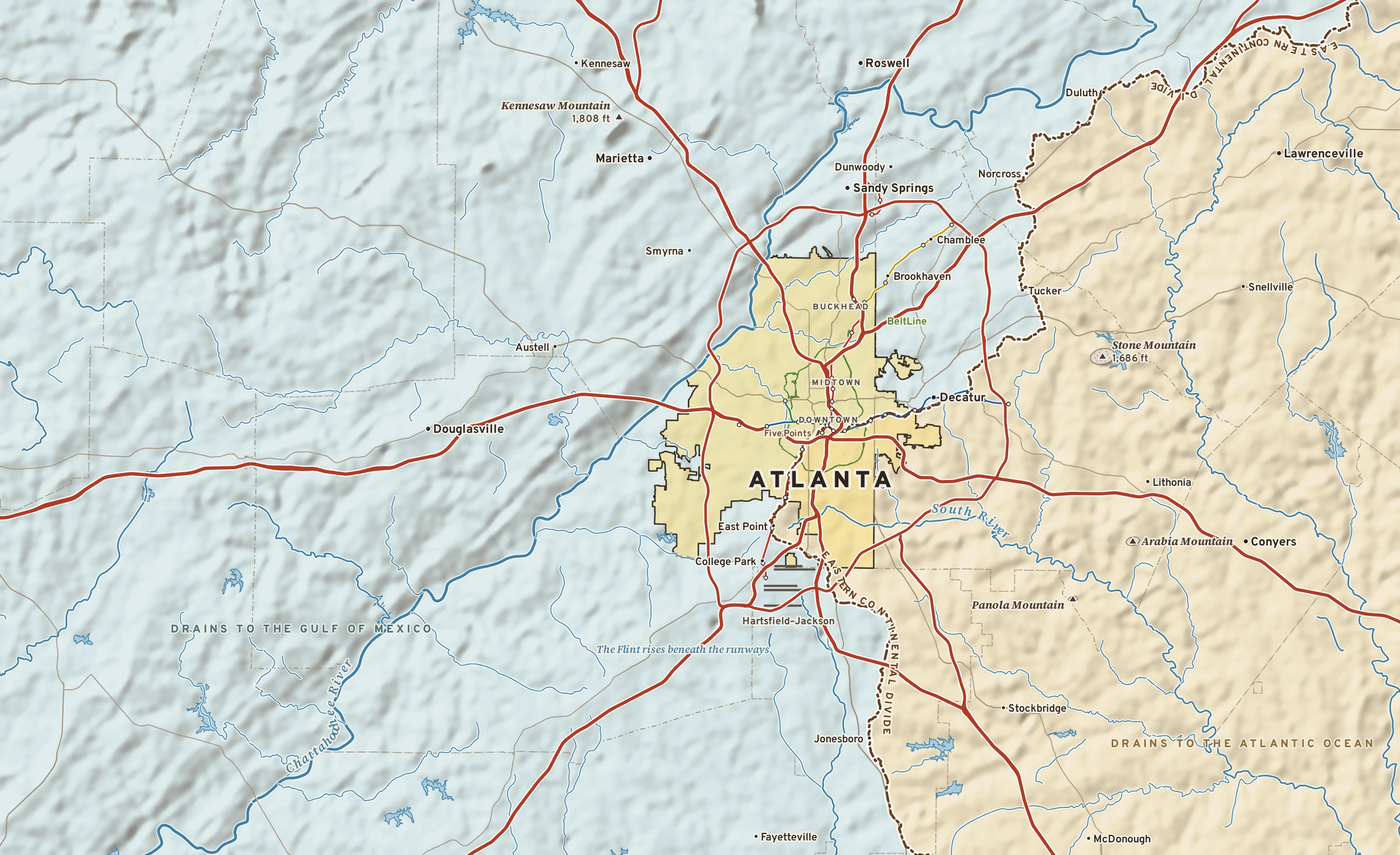 Shaded-relief atlas plate of metro Atlanta: the Eastern Continental Divide splits Gulf and Atlantic drainage through downtown; the Chattahoochee, interstates, MARTA and the BeltLine.