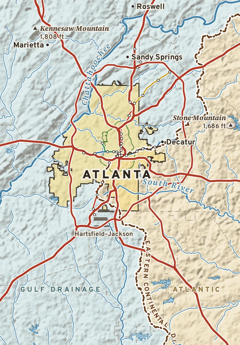 Atlas plate of central Atlanta with the Eastern Continental Divide, the Chattahoochee, interstates and MARTA.