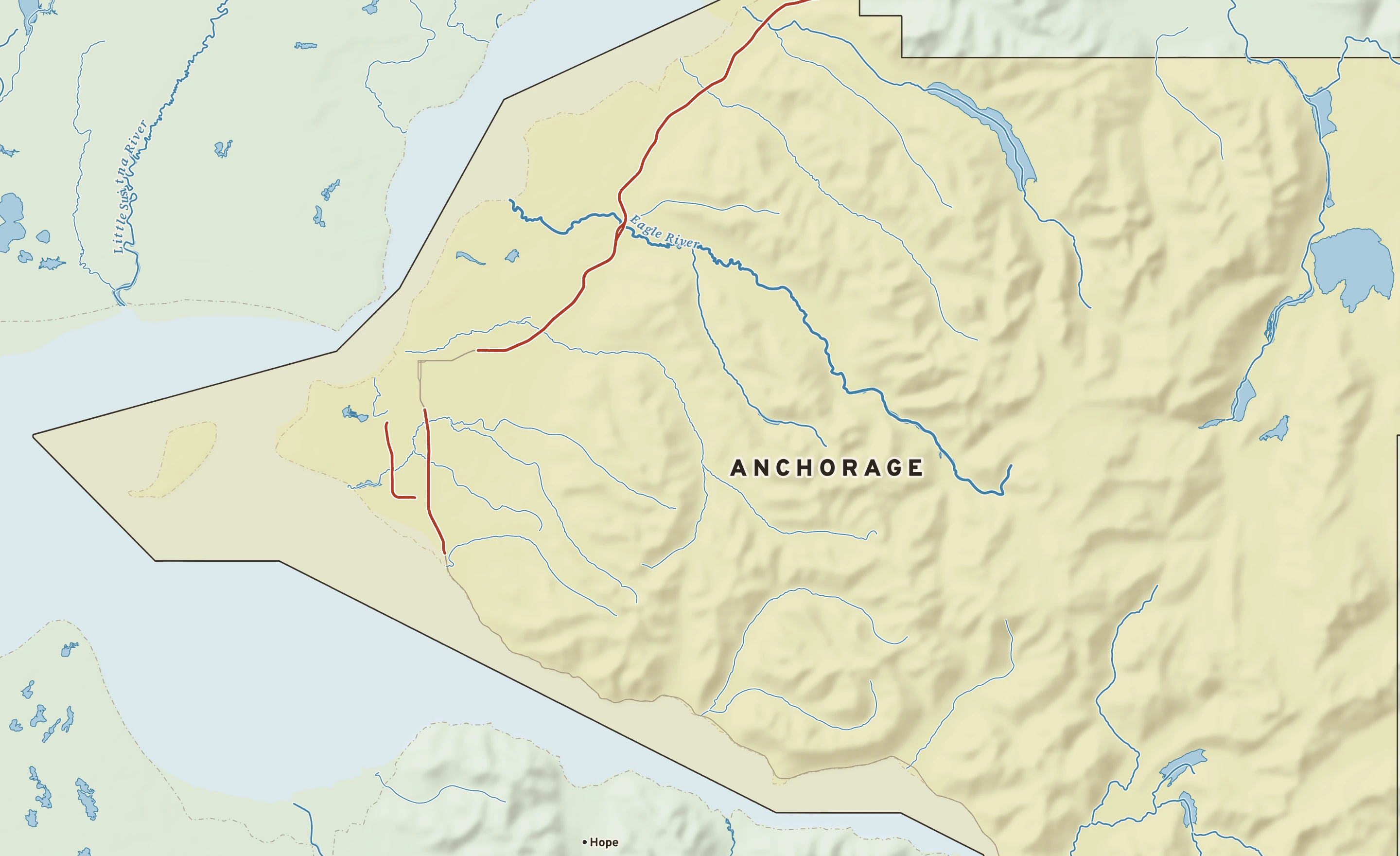 Shaded-relief atlas plate of Anchorage, Alaska: rivers, roads, the city limits and where the water drains.