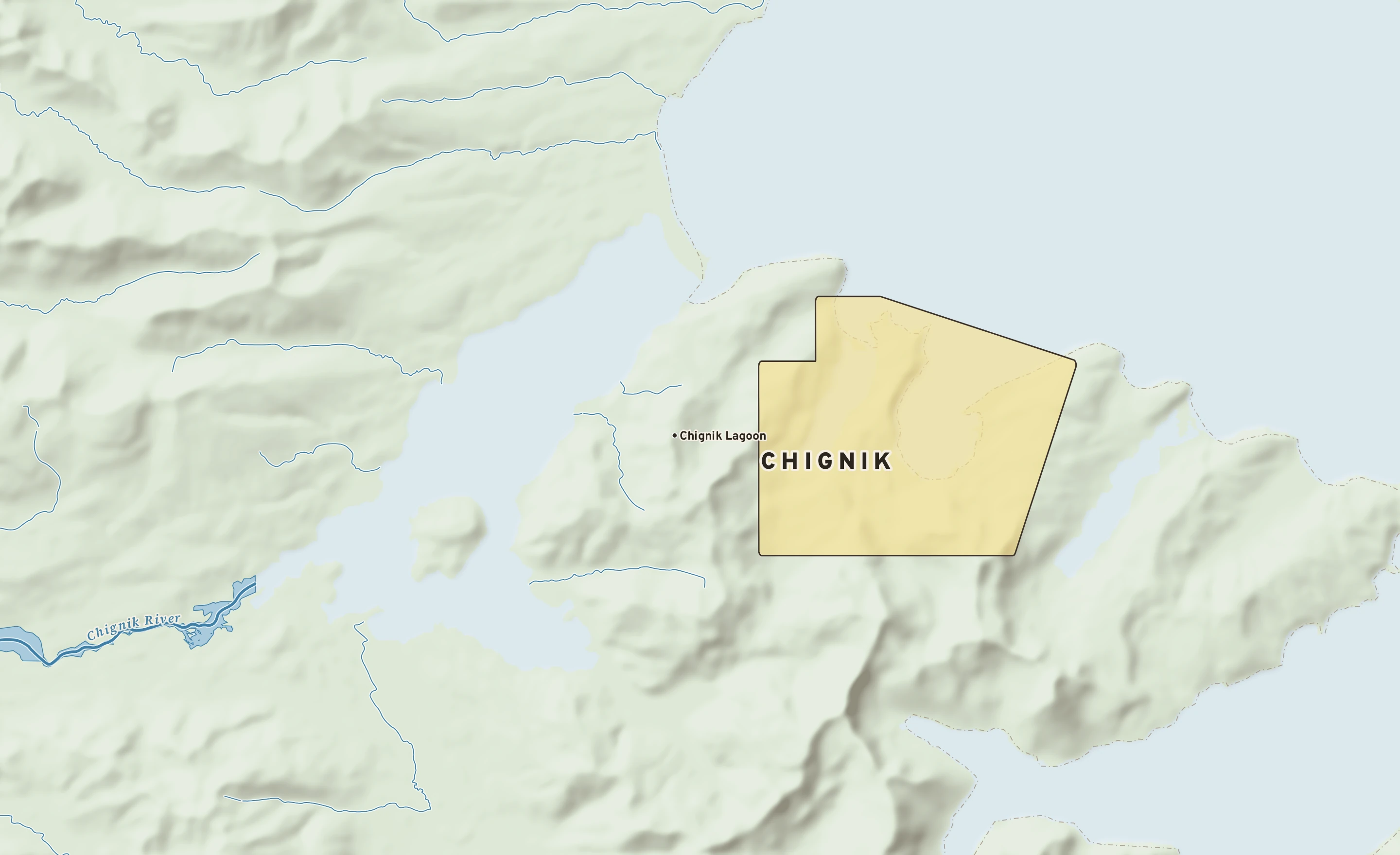 Shaded-relief atlas plate of Chignik, Alaska: rivers, roads, the city limits and where the water drains.