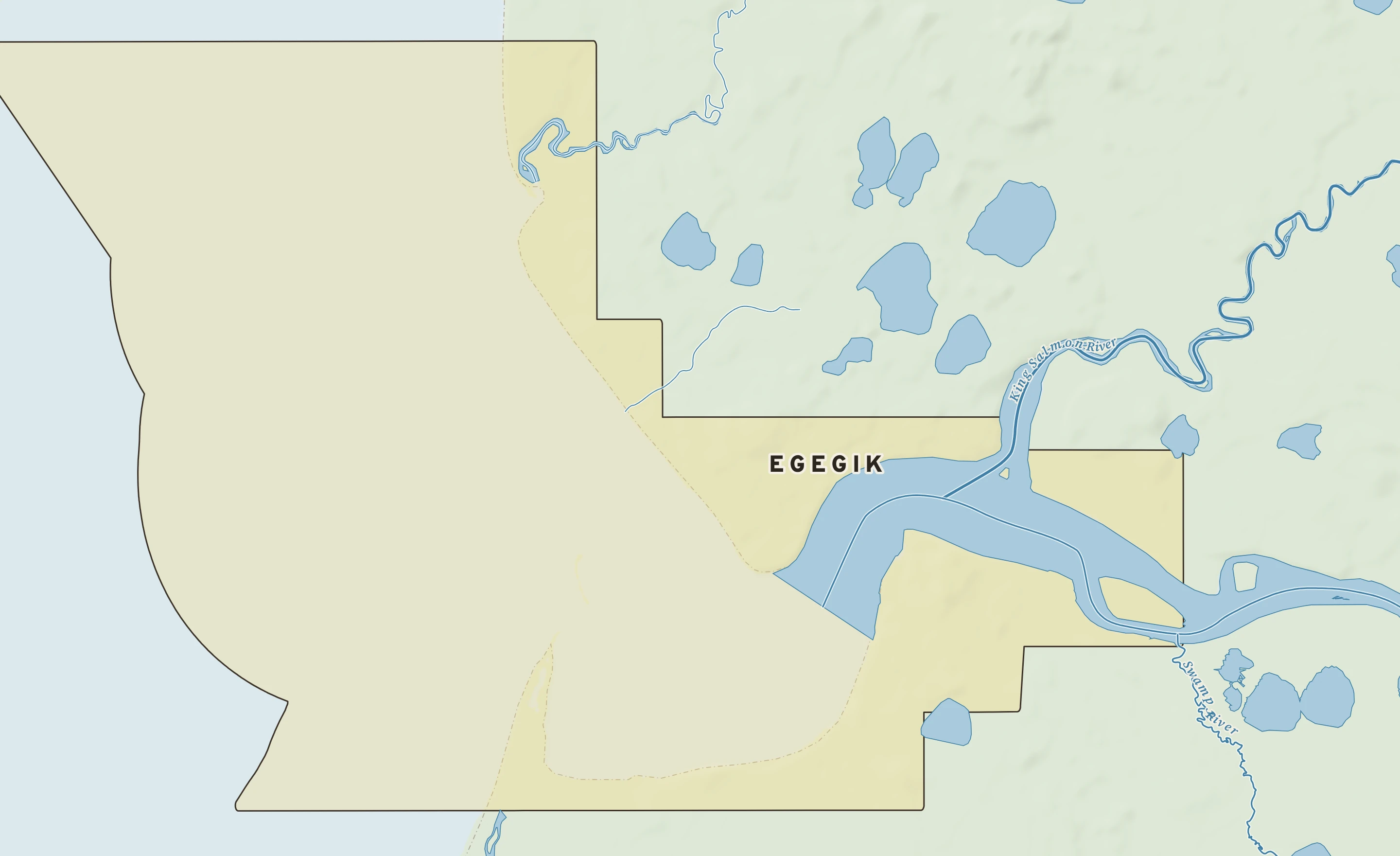 Shaded-relief atlas plate of Egegik, Alaska: rivers, roads, the city limits and where the water drains.