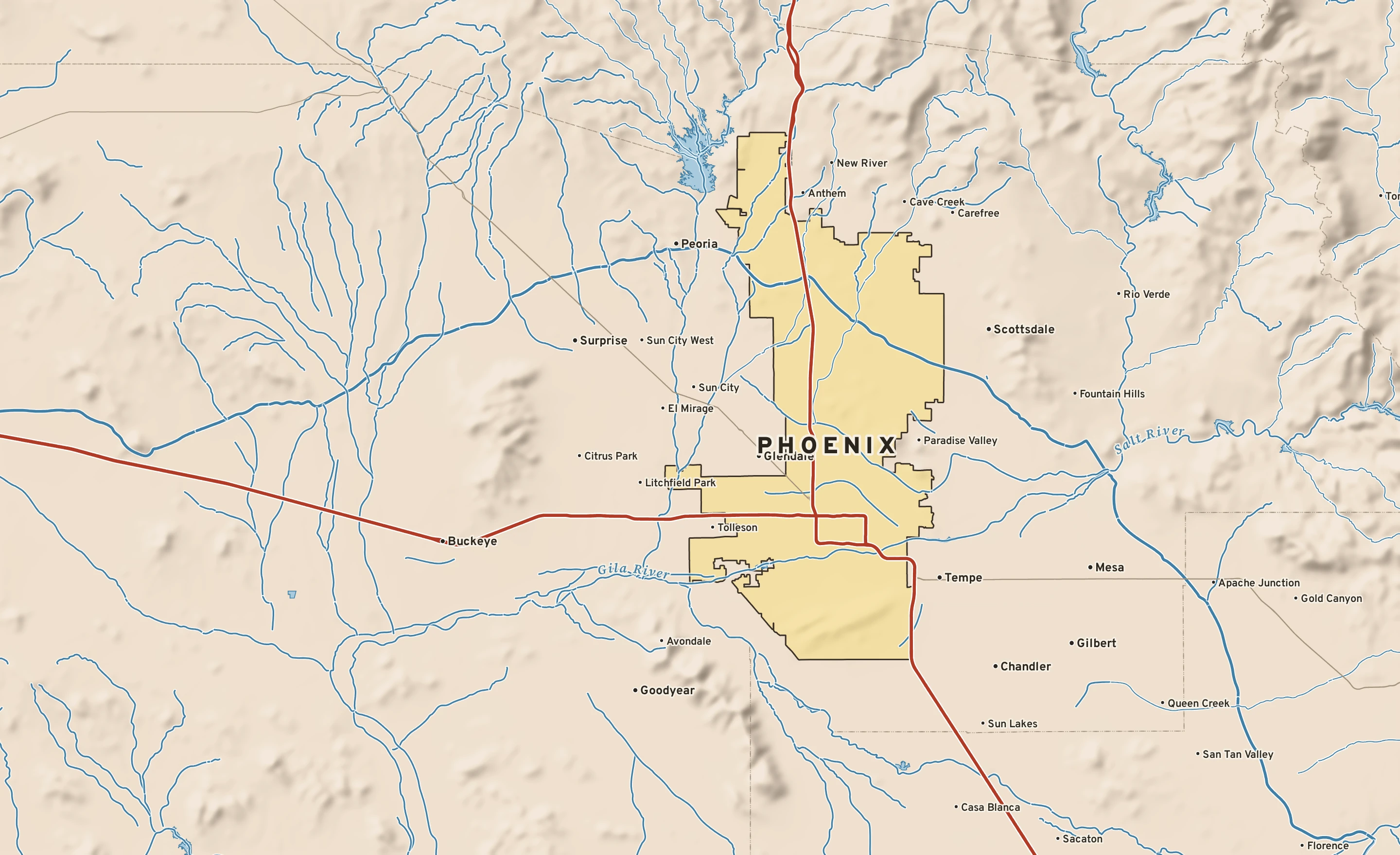 Shaded-relief atlas plate of Phoenix, Arizona: rivers, roads, the city limits and where the water drains.