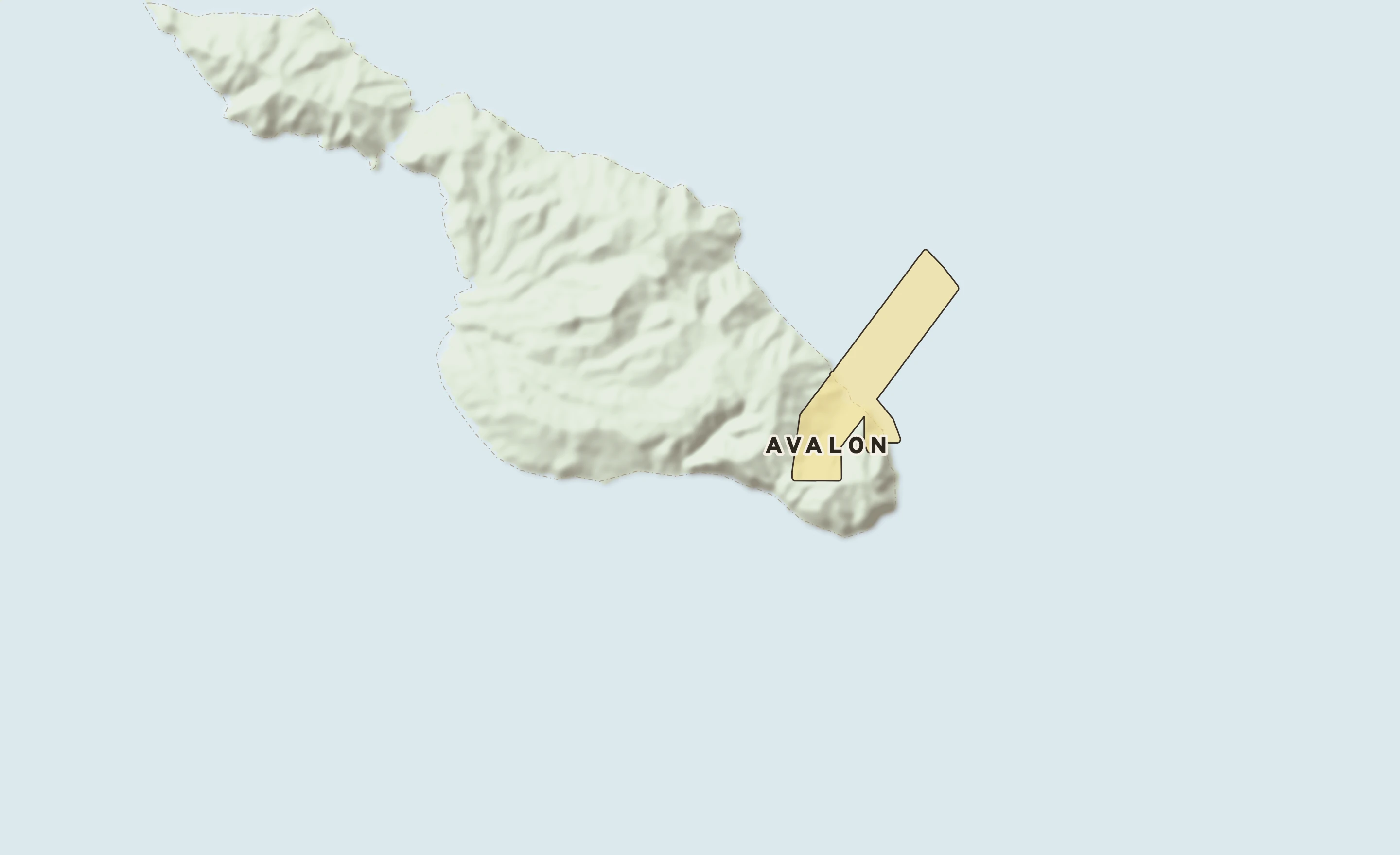 Shaded-relief atlas plate of Avalon, California: rivers, roads, the city limits and where the water drains.