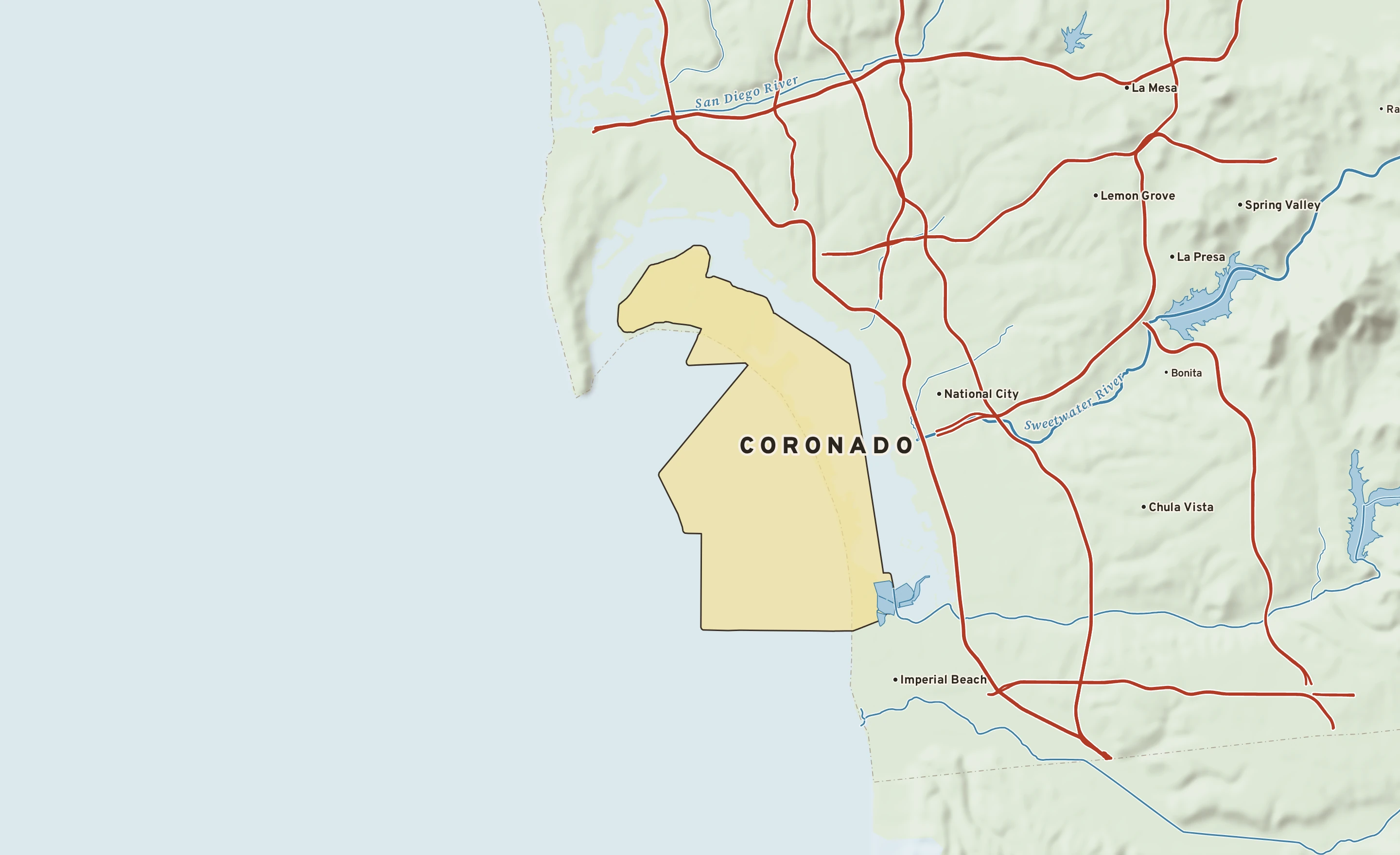 Shaded-relief atlas plate of Coronado, California: rivers, roads, the city limits and where the water drains.
