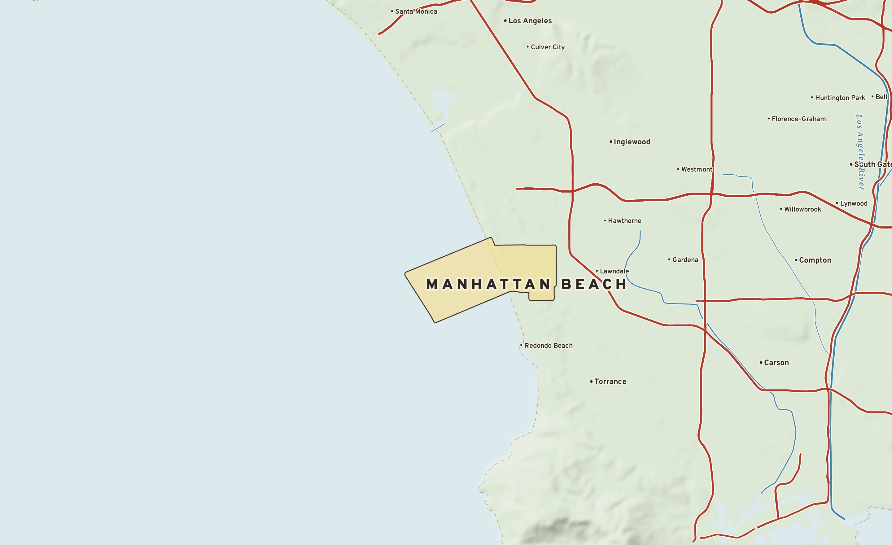 Shaded-relief atlas plate of Manhattan Beach, California: rivers, roads, the city limits and where the water drains.