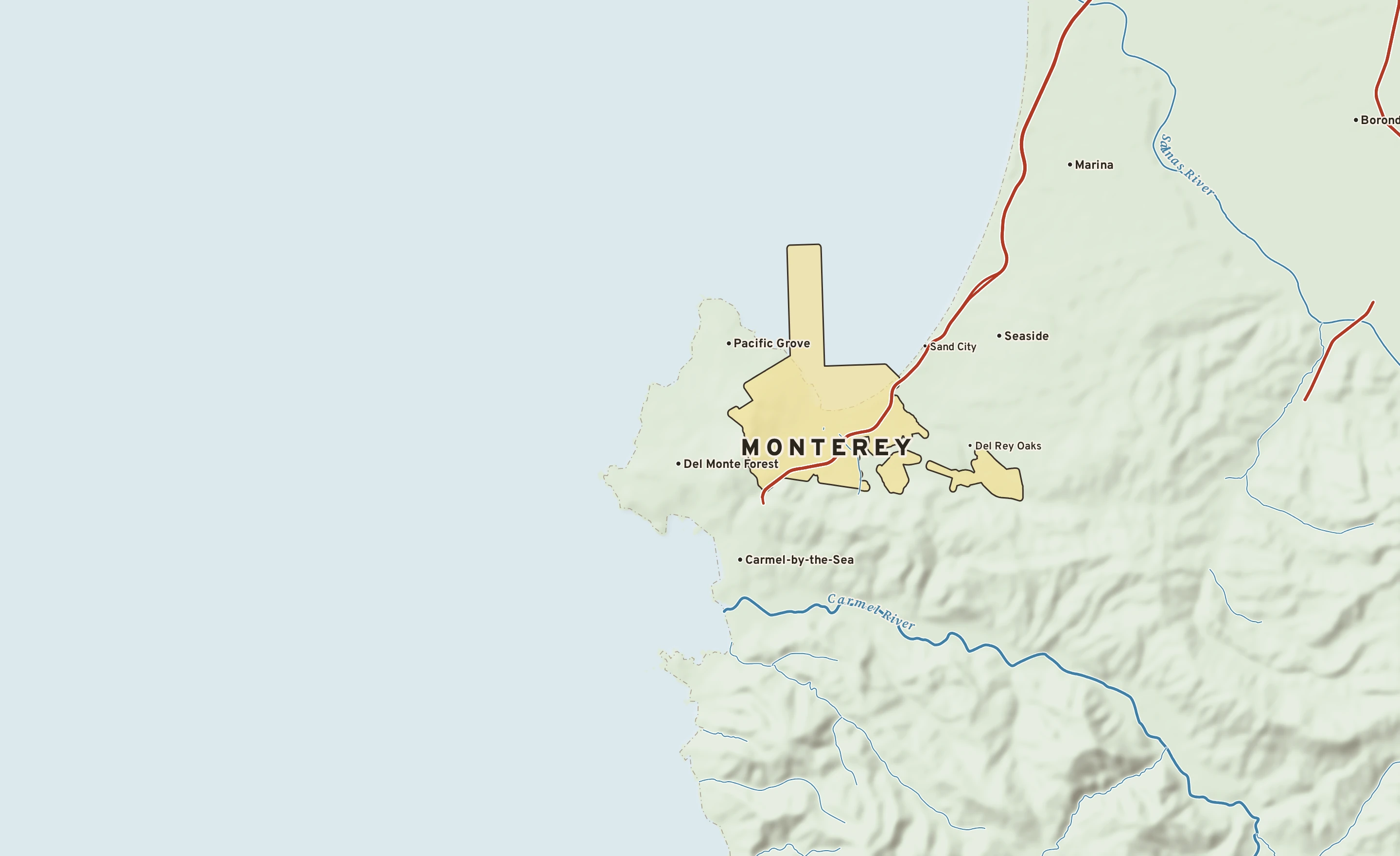 Shaded-relief atlas plate of Monterey, California: rivers, roads, the city limits and where the water drains.