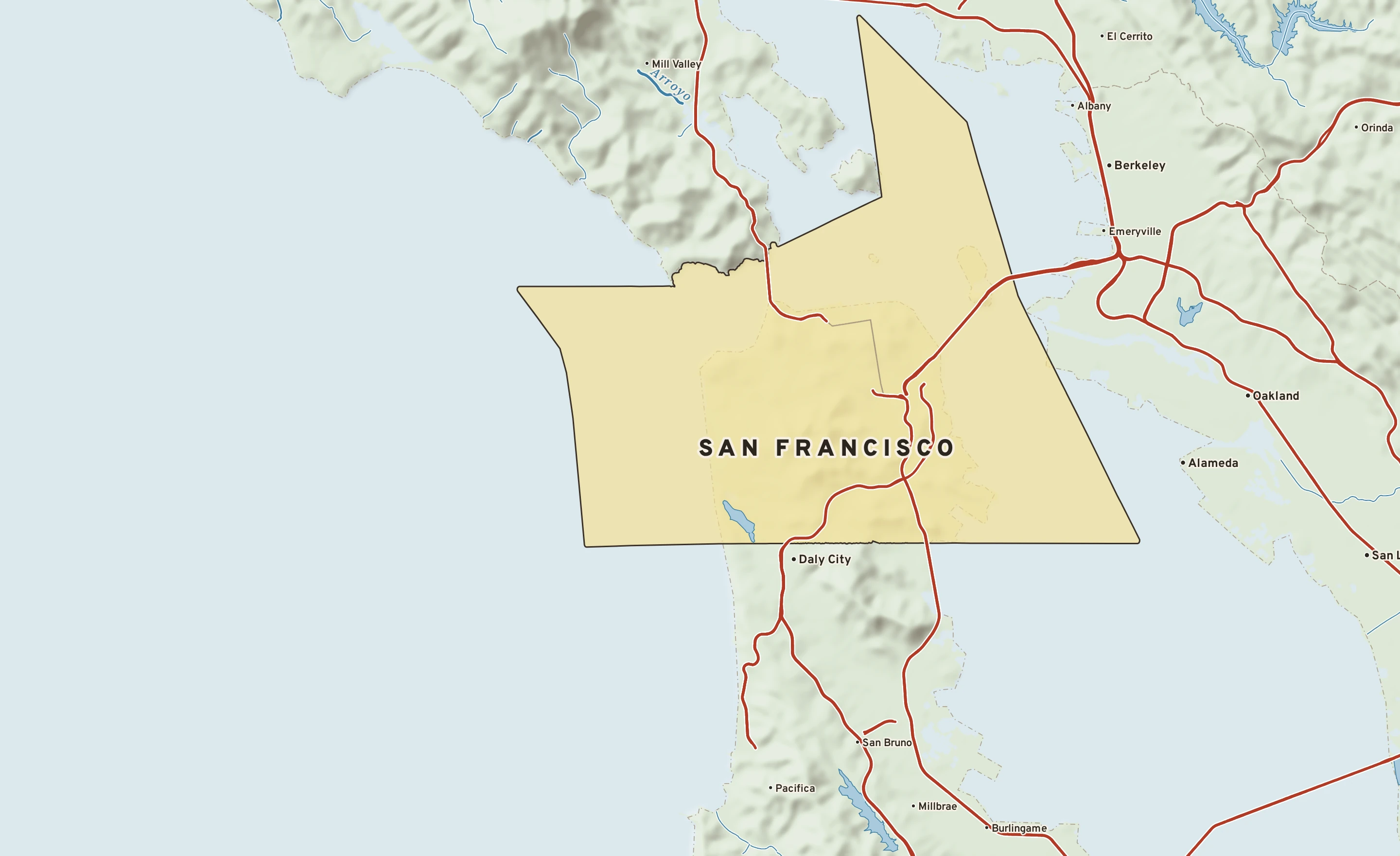 Shaded-relief atlas plate of San Francisco, California: rivers, roads, the city limits and where the water drains.