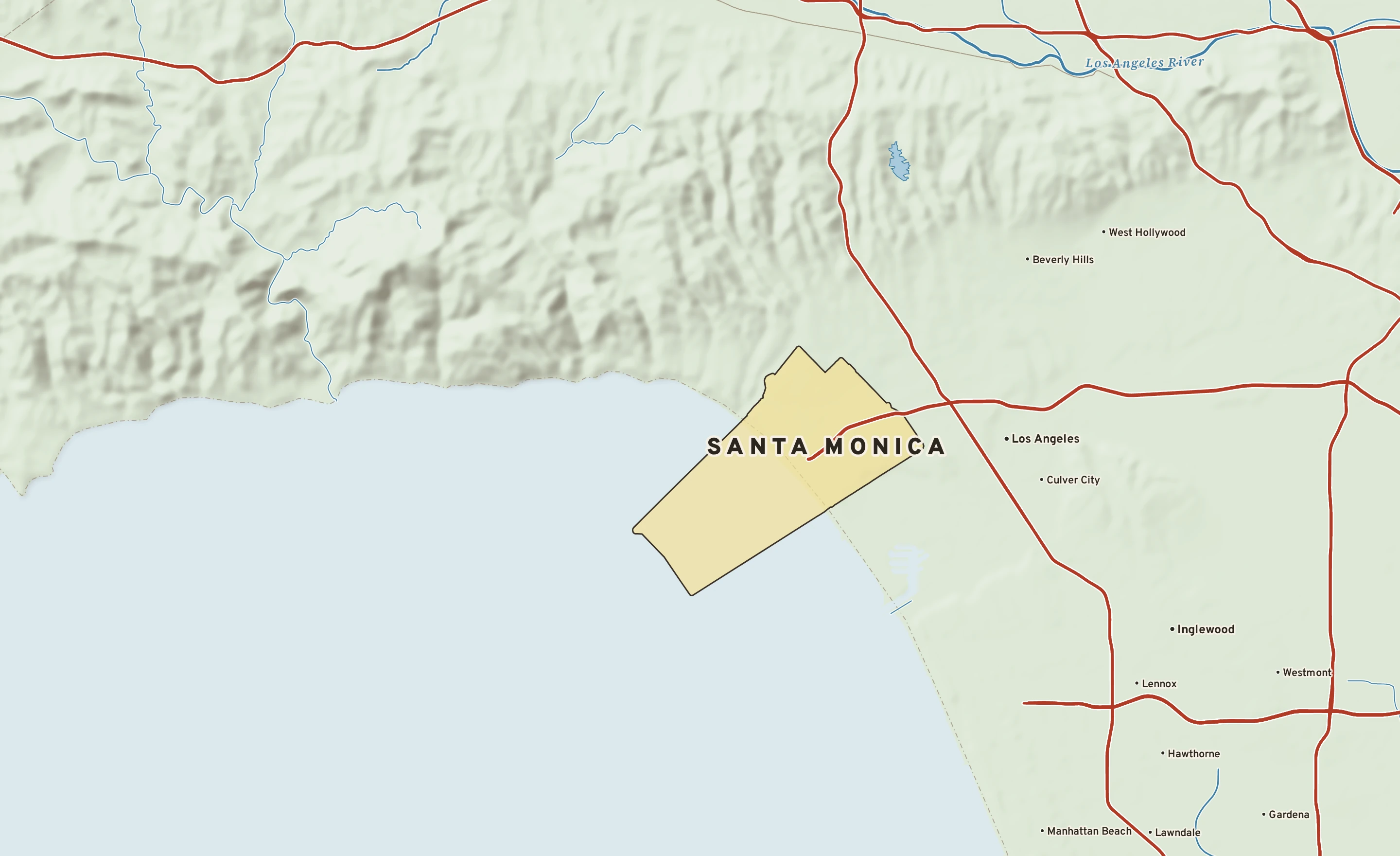Shaded-relief atlas plate of Santa Monica, California: rivers, roads, the city limits and where the water drains.
