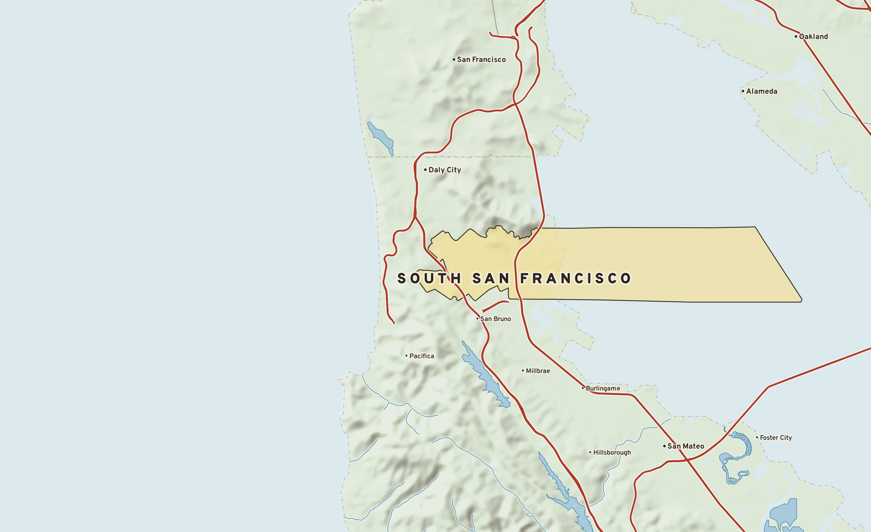 Shaded-relief atlas plate of South San Francisco, California: rivers, roads, the city limits and where the water drains.