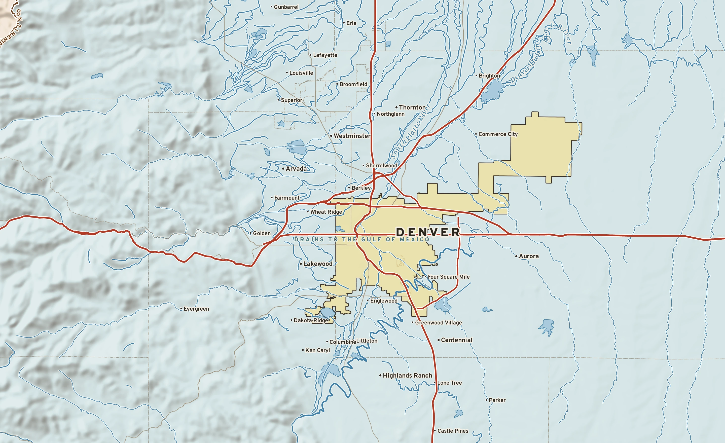 Shaded-relief atlas plate of Denver, Colorado: rivers, roads, the city limits and where the water drains.