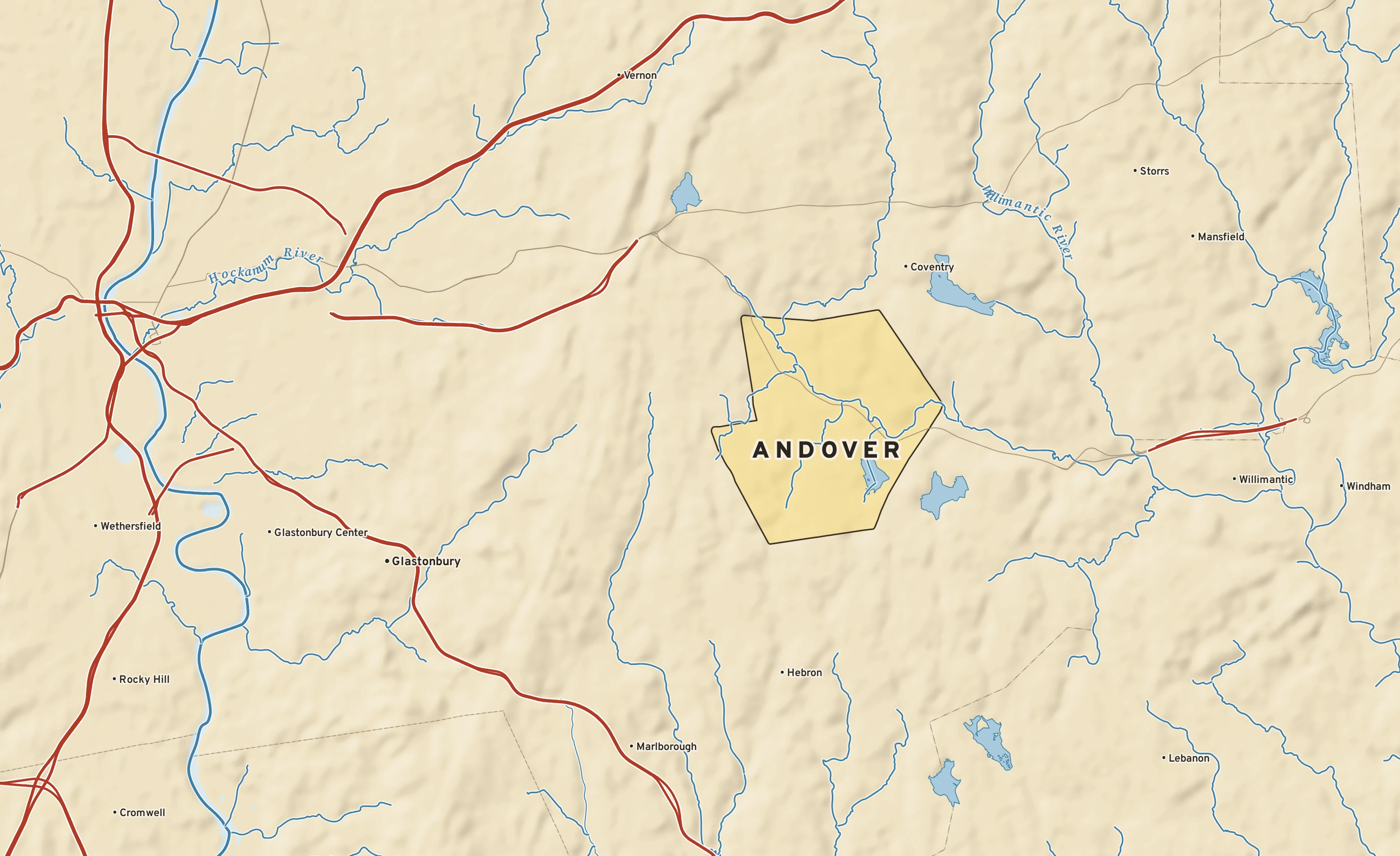 Shaded-relief atlas plate of Andover, Connecticut: rivers, roads, the city limits and where the water drains.