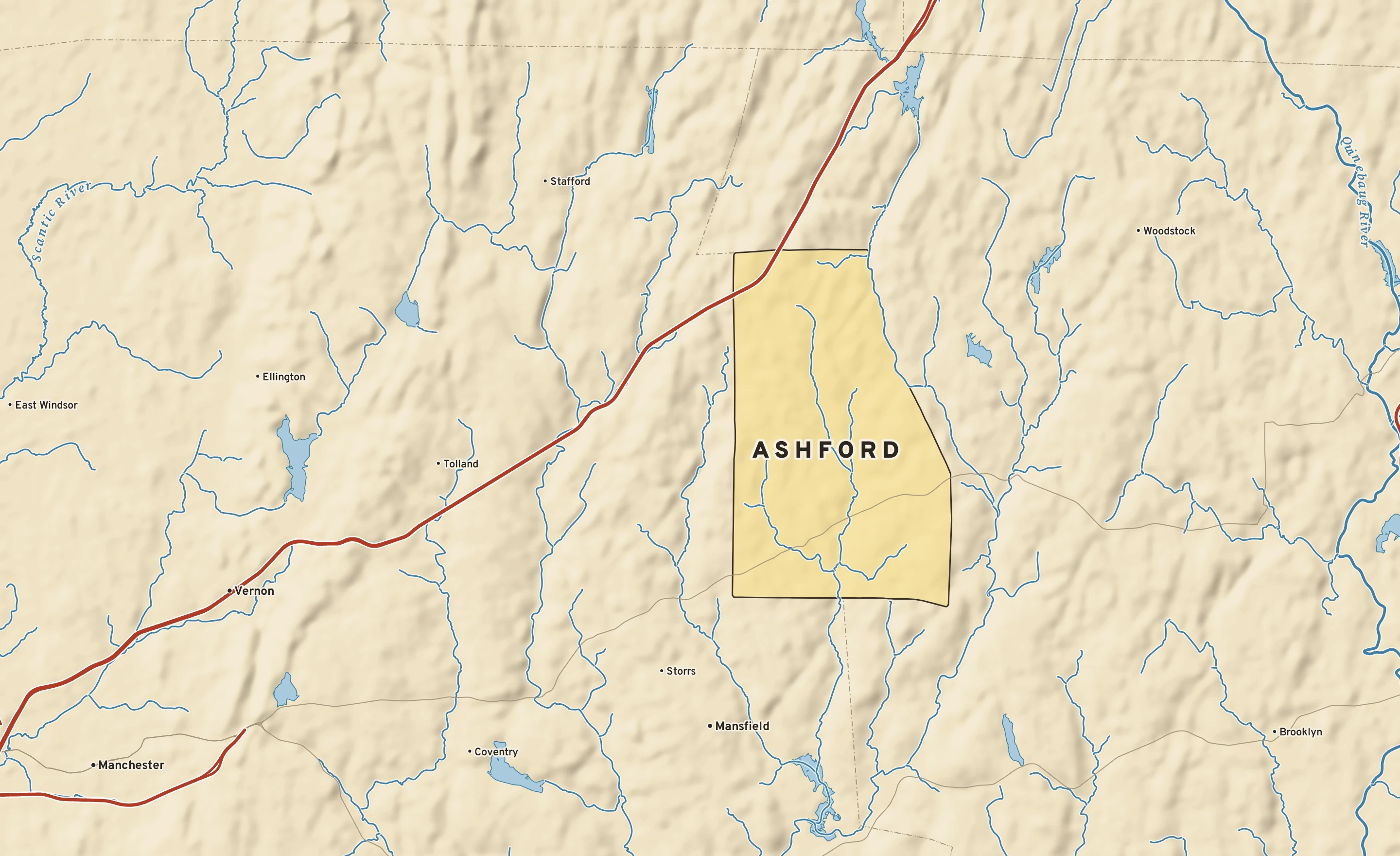 Shaded-relief atlas plate of Ashford, Connecticut: rivers, roads, the city limits and where the water drains.