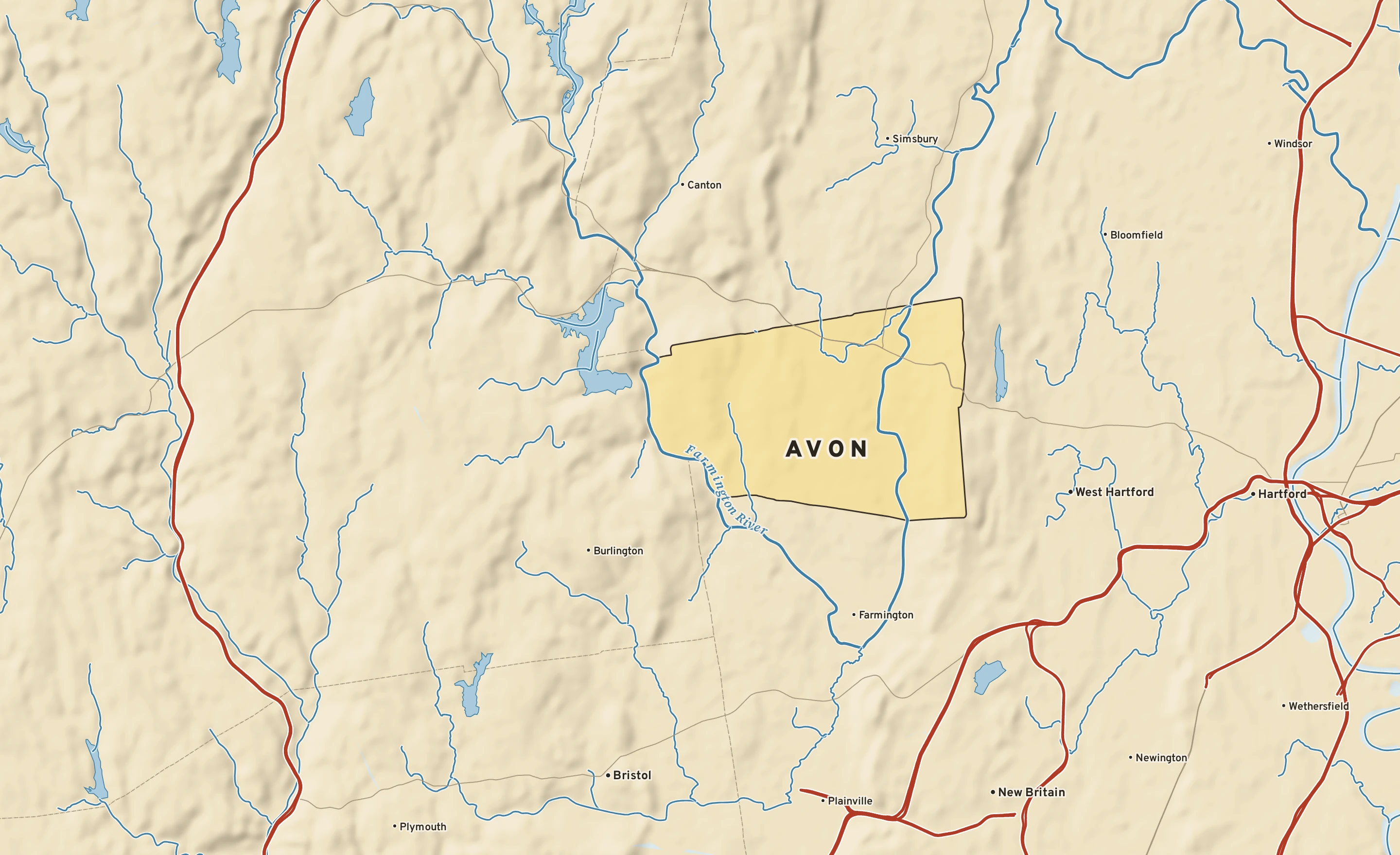 Shaded-relief atlas plate of Avon, Connecticut: rivers, roads, the city limits and where the water drains.