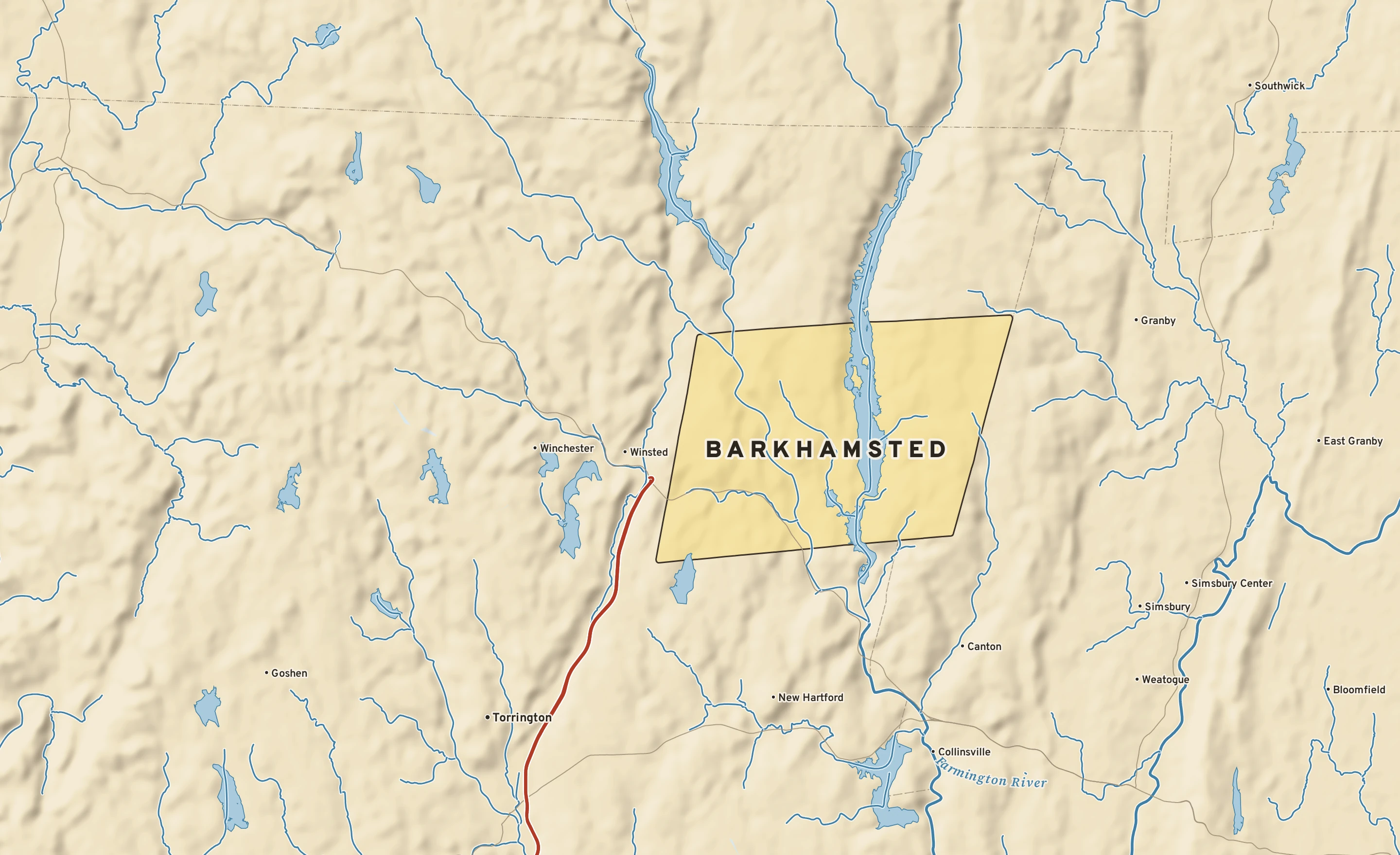 Shaded-relief atlas plate of Barkhamsted, Connecticut: rivers, roads, the city limits and where the water drains.
