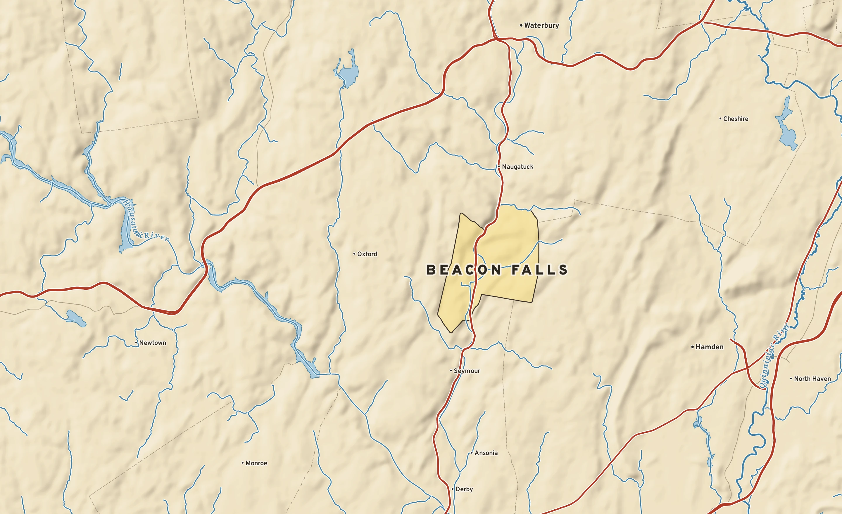 Shaded-relief atlas plate of Beacon Falls, Connecticut: rivers, roads, the city limits and where the water drains.