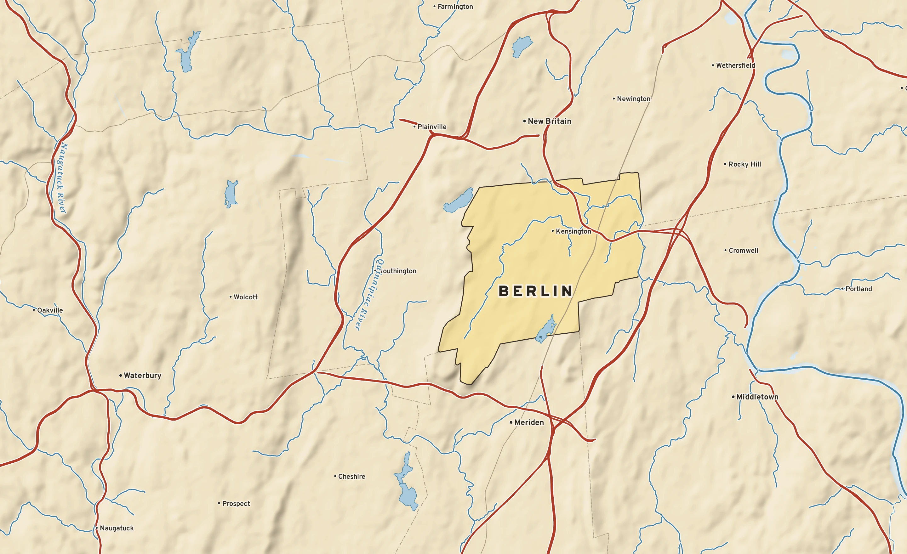 Shaded-relief atlas plate of Berlin, Connecticut: rivers, roads, the city limits and where the water drains.