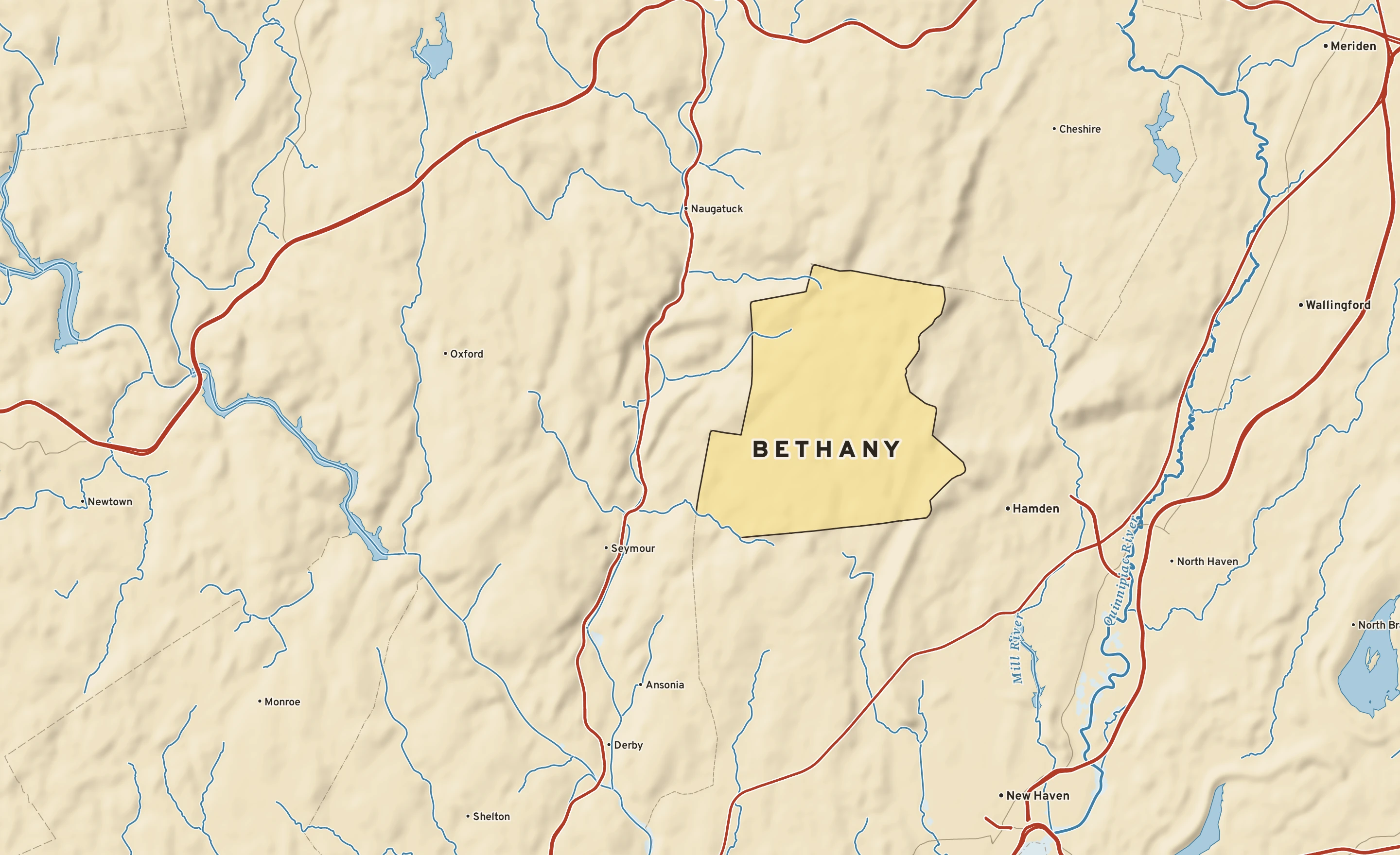 Shaded-relief atlas plate of Bethany, Connecticut: rivers, roads, the city limits and where the water drains.