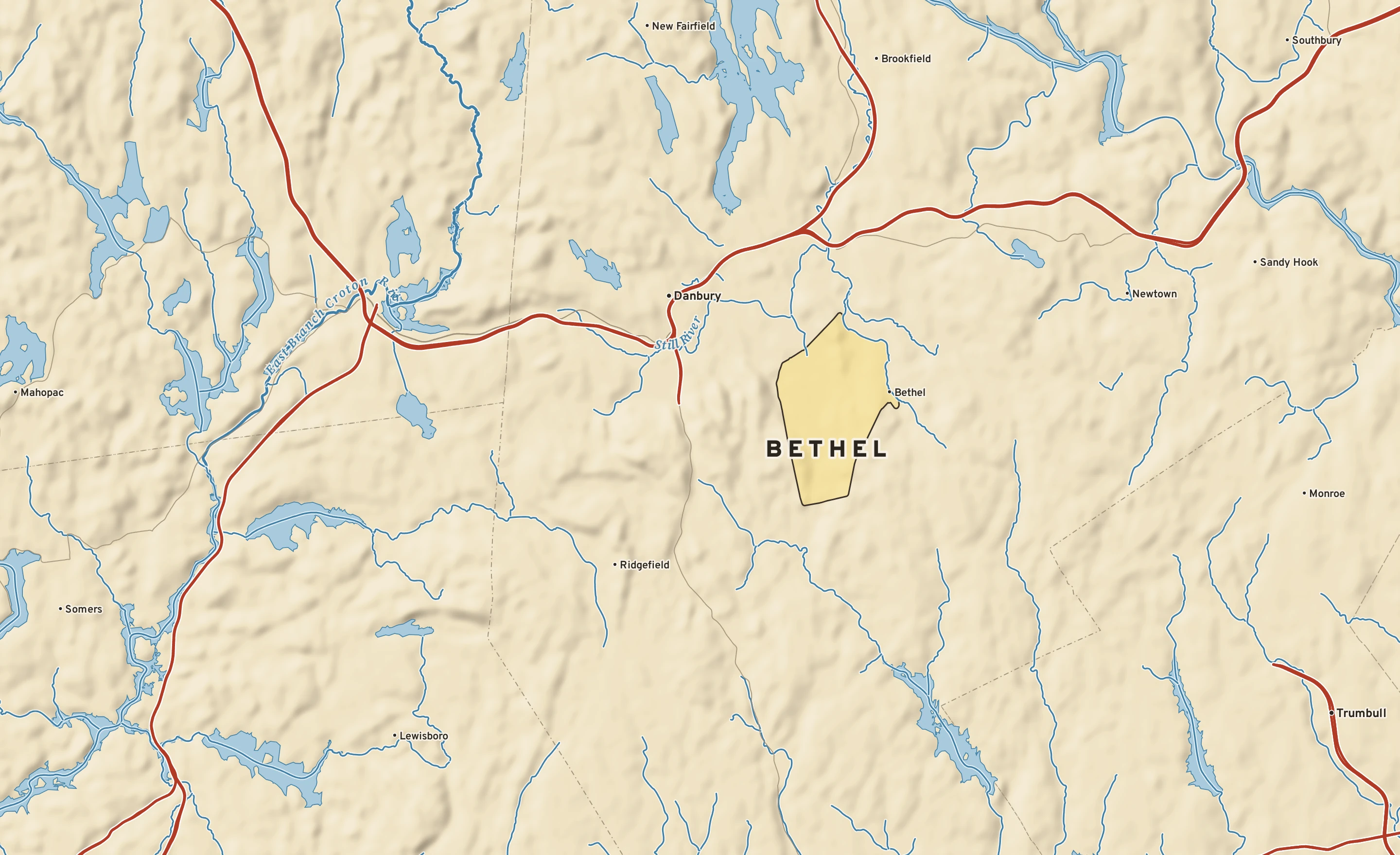 Shaded-relief atlas plate of Bethel, Connecticut: rivers, roads, the city limits and where the water drains.