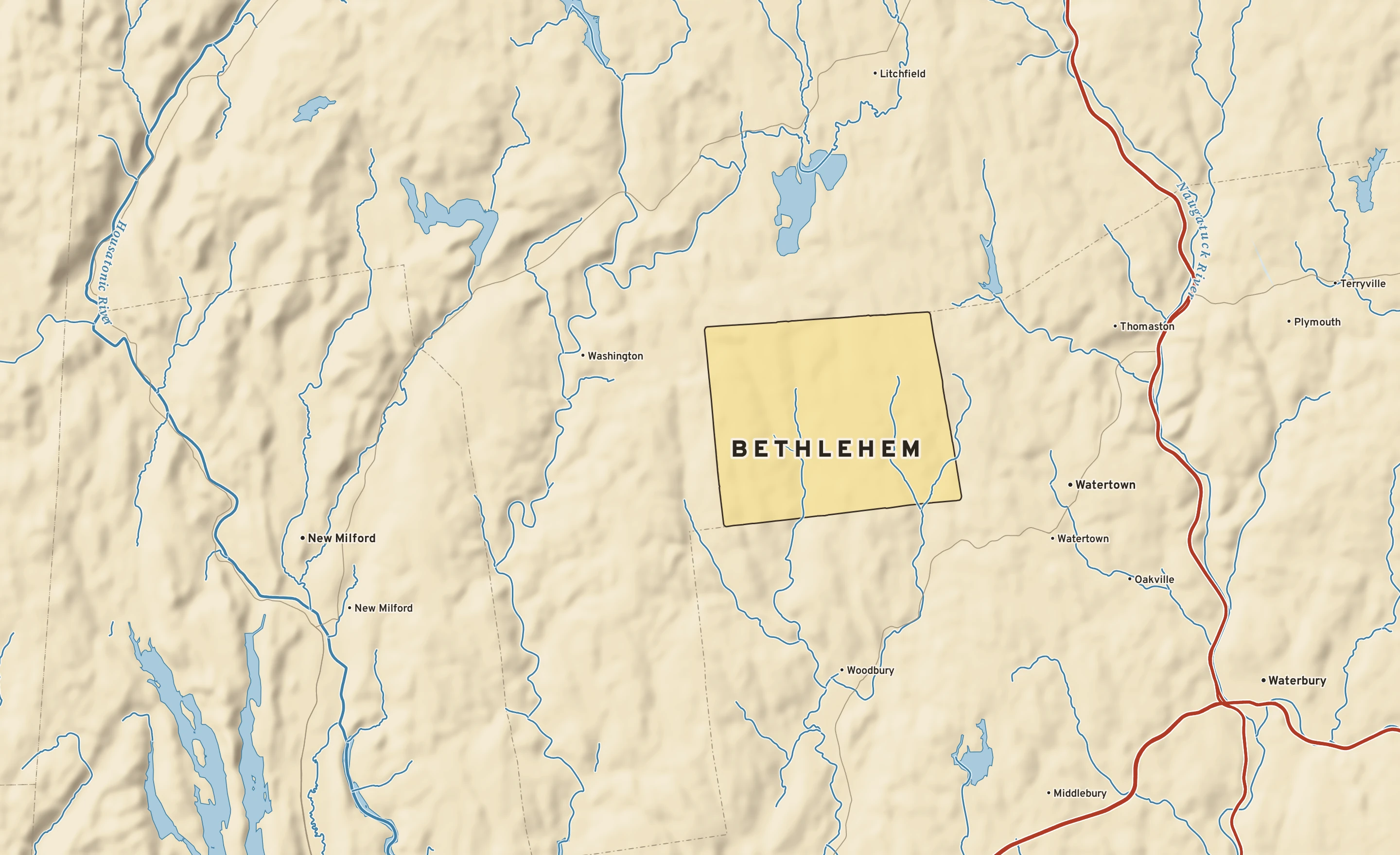 Shaded-relief atlas plate of Bethlehem, Connecticut: rivers, roads, the city limits and where the water drains.
