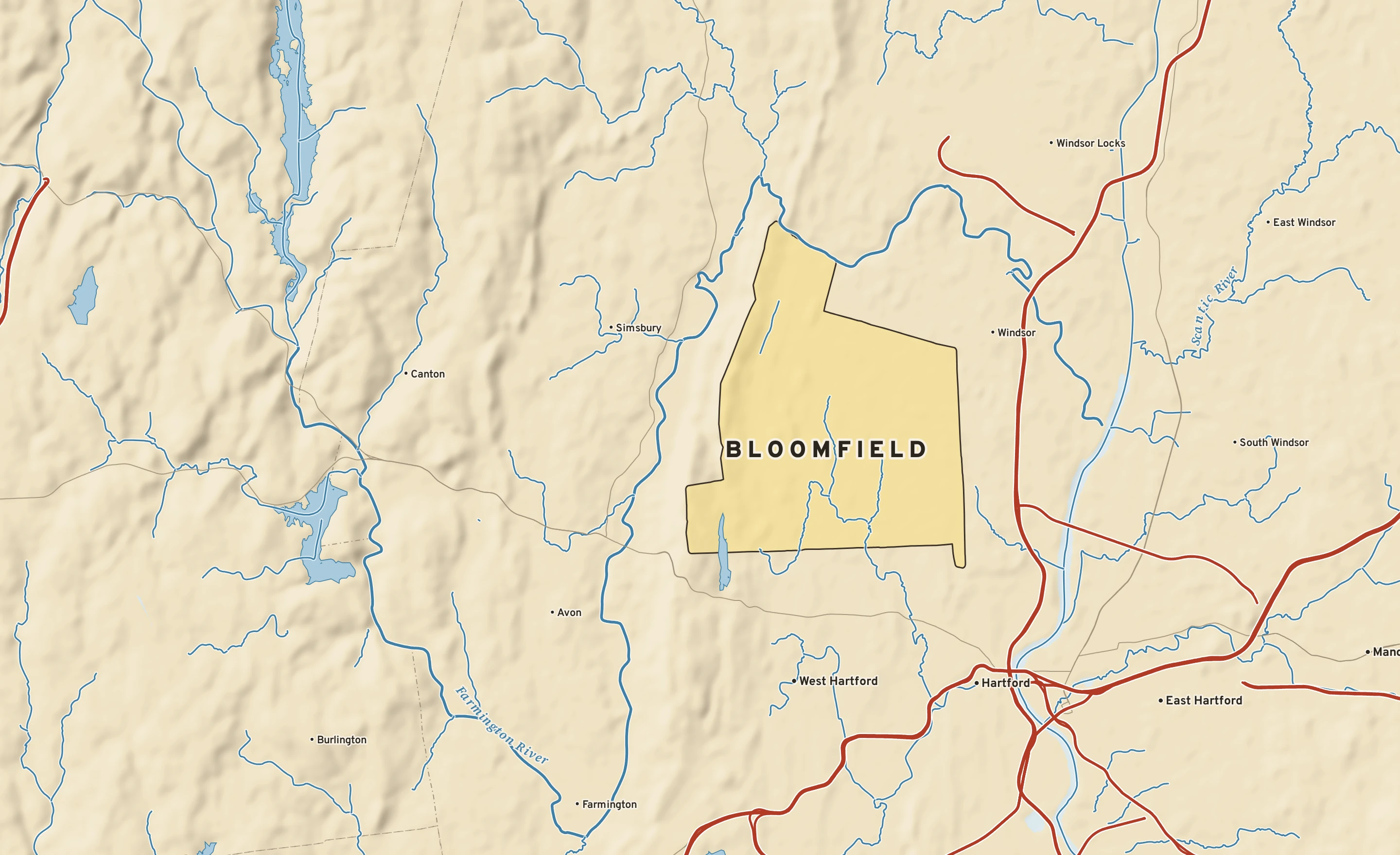 Shaded-relief atlas plate of Bloomfield, Connecticut: rivers, roads, the city limits and where the water drains.