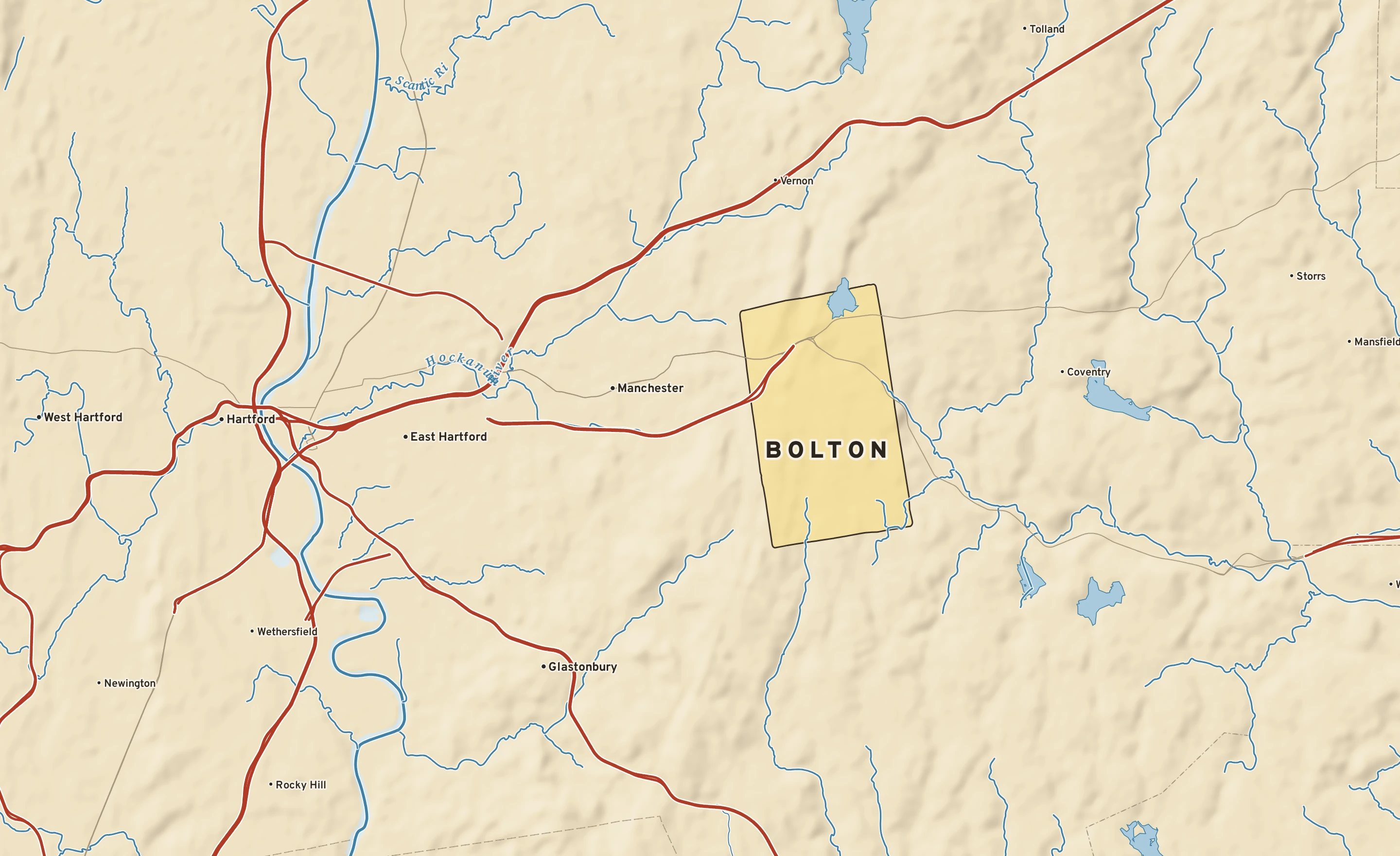 Shaded-relief atlas plate of Bolton, Connecticut: rivers, roads, the city limits and where the water drains.
