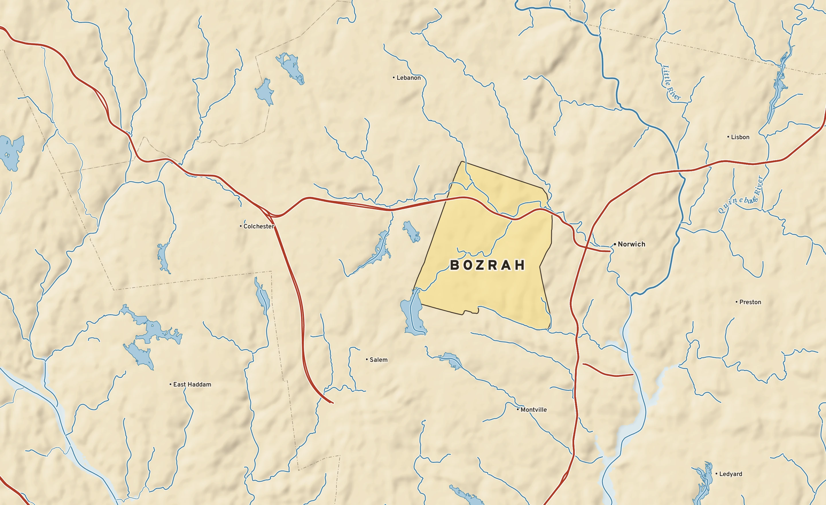 Shaded-relief atlas plate of Bozrah, Connecticut: rivers, roads, the city limits and where the water drains.