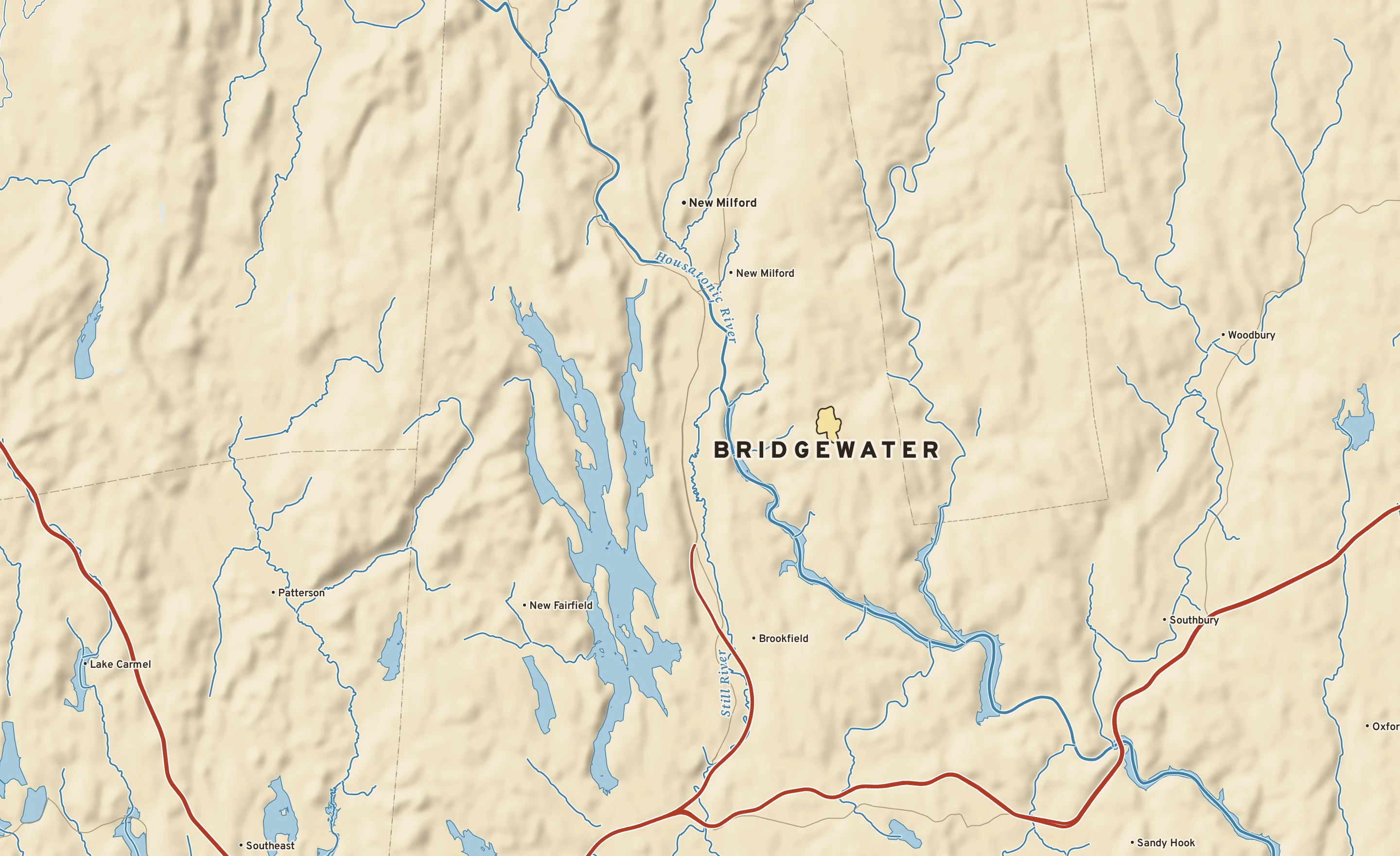 Shaded-relief atlas plate of Bridgewater, Connecticut: rivers, roads, the city limits and where the water drains.