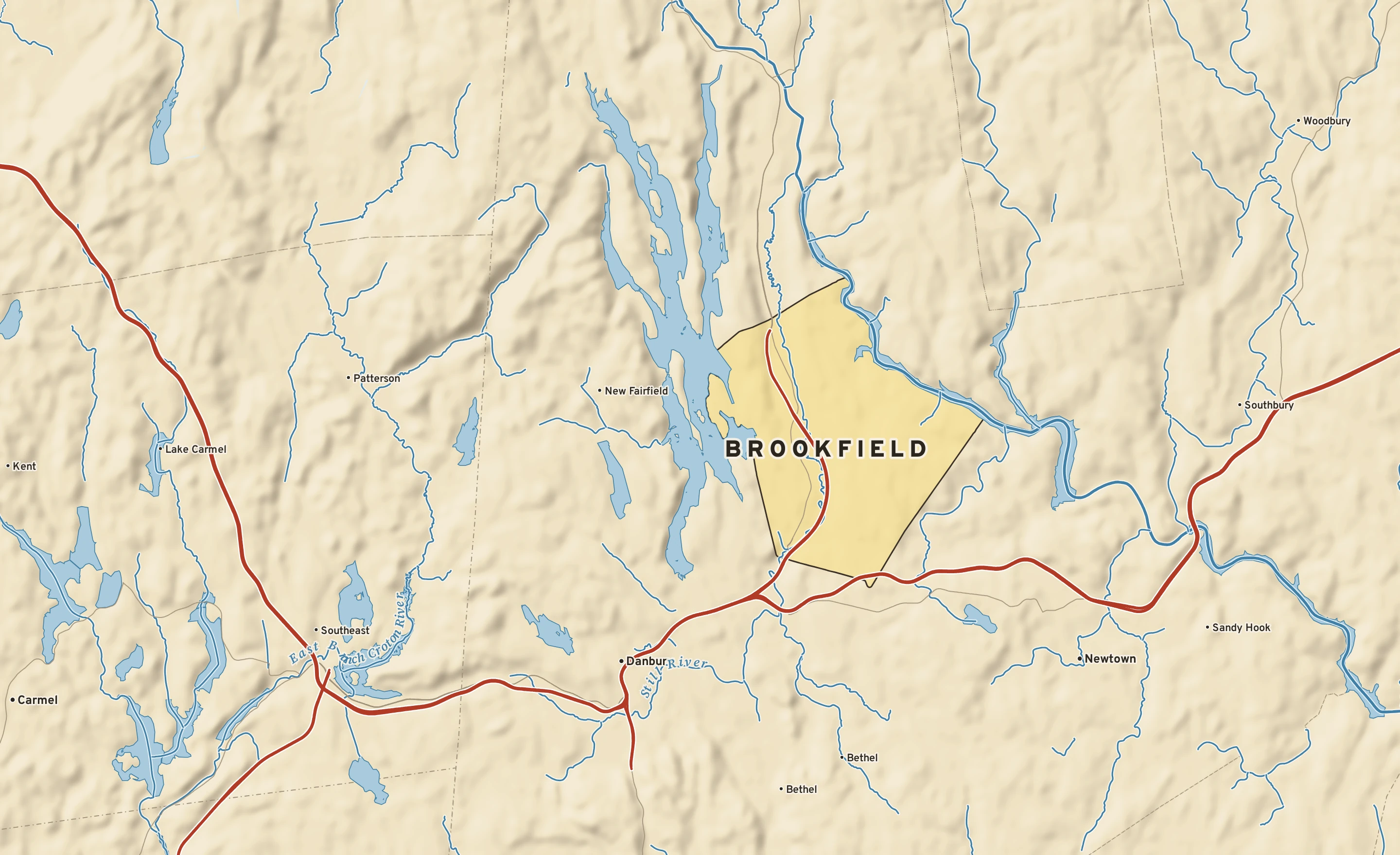 Shaded-relief atlas plate of Brookfield, Connecticut: rivers, roads, the city limits and where the water drains.