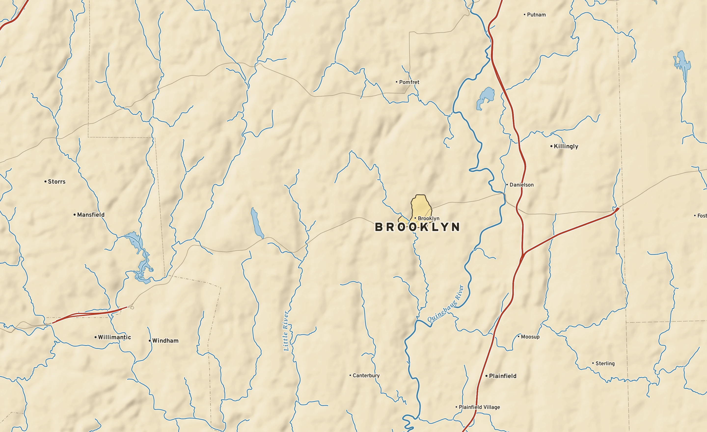 Shaded-relief atlas plate of Brooklyn, Connecticut: rivers, roads, the city limits and where the water drains.