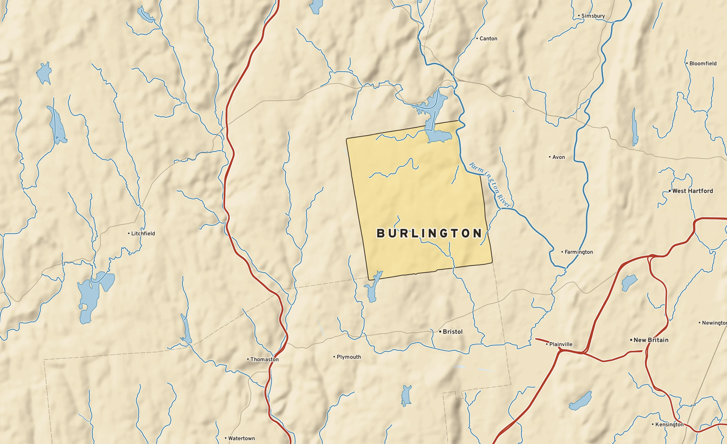 Shaded-relief atlas plate of Burlington, Connecticut: rivers, roads, the city limits and where the water drains.