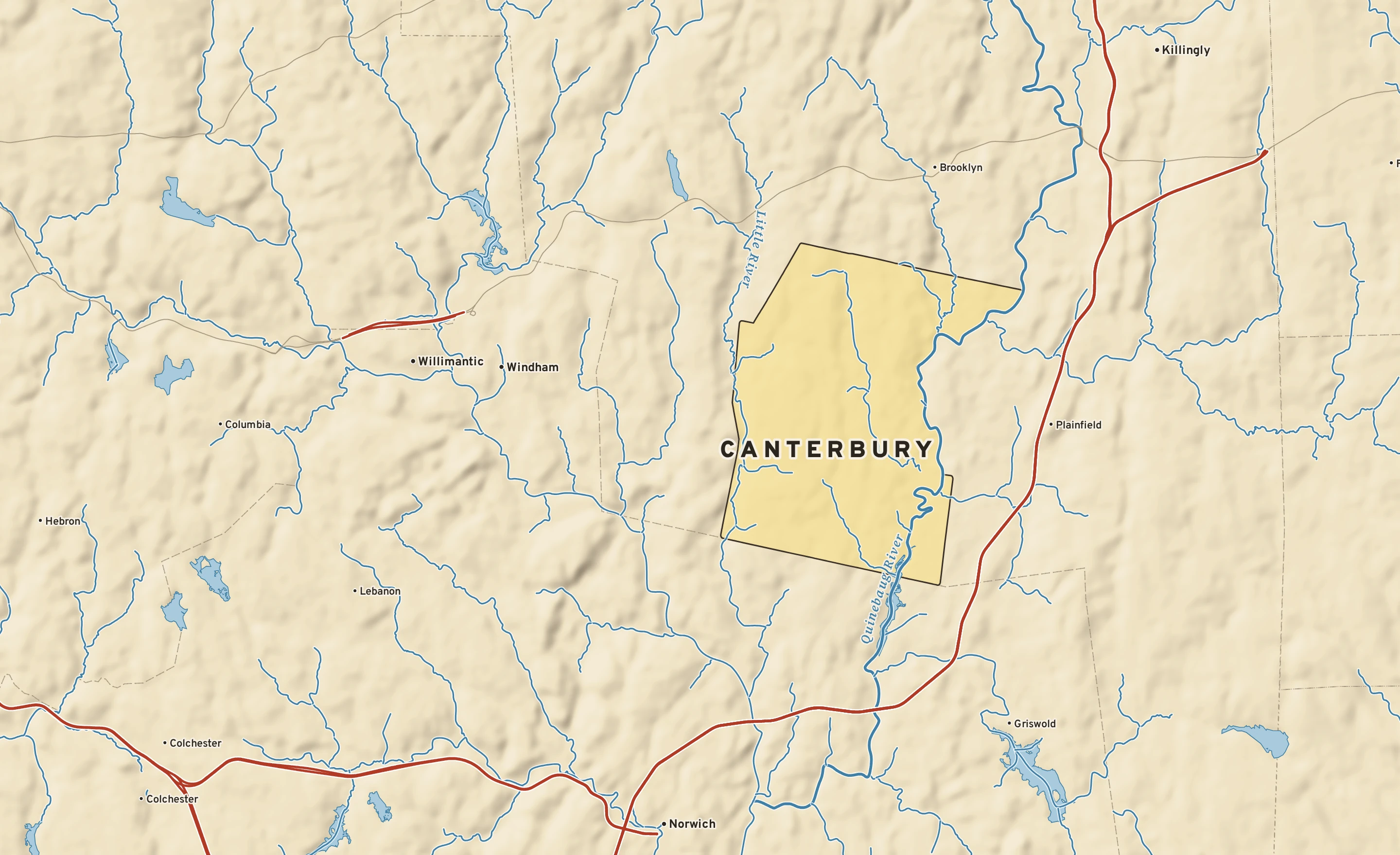 Shaded-relief atlas plate of Canterbury, Connecticut: rivers, roads, the city limits and where the water drains.