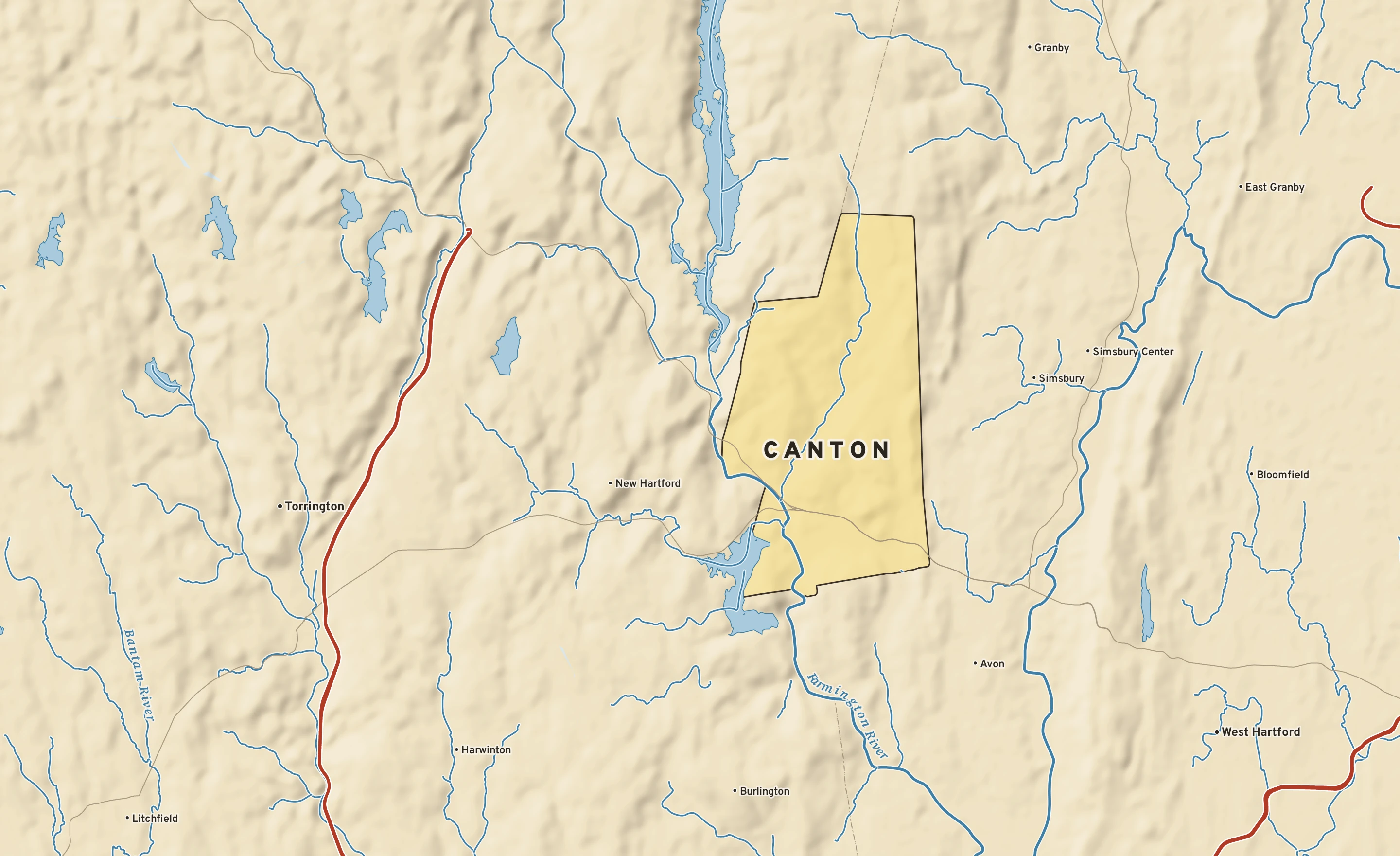 Shaded-relief atlas plate of Canton, Connecticut: rivers, roads, the city limits and where the water drains.