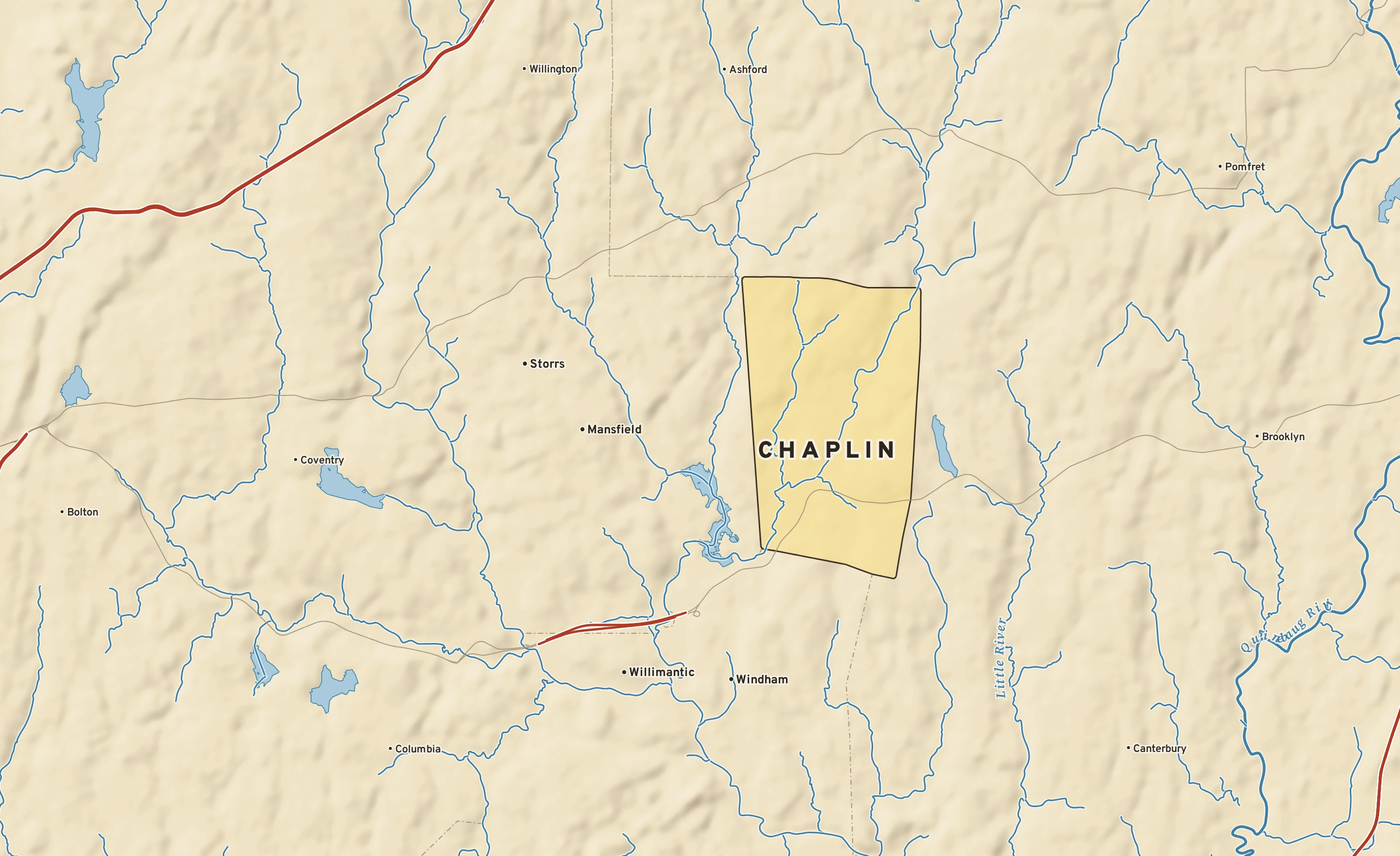 Shaded-relief atlas plate of Chaplin, Connecticut: rivers, roads, the city limits and where the water drains.
