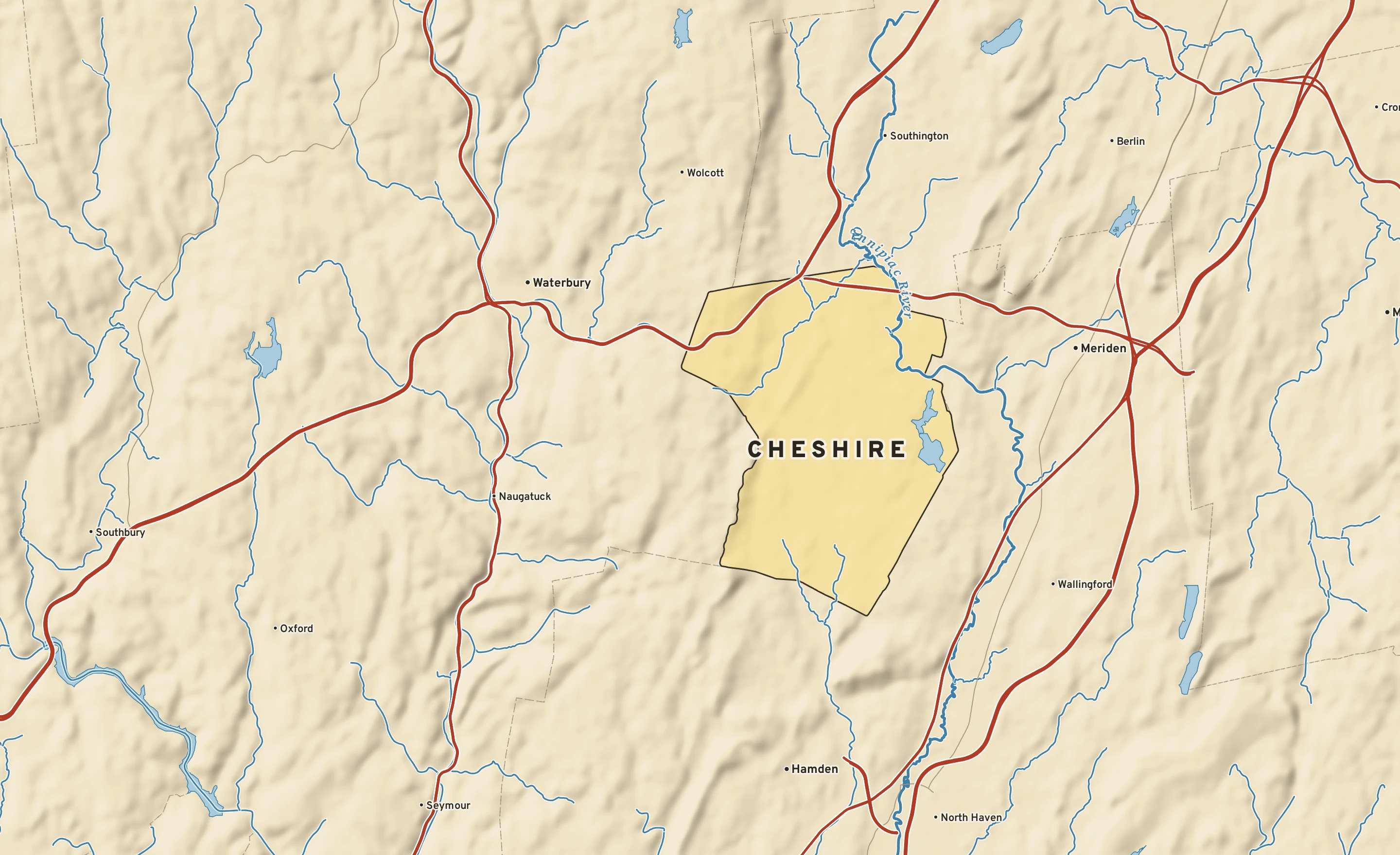 Shaded-relief atlas plate of Cheshire, Connecticut: rivers, roads, the city limits and where the water drains.
