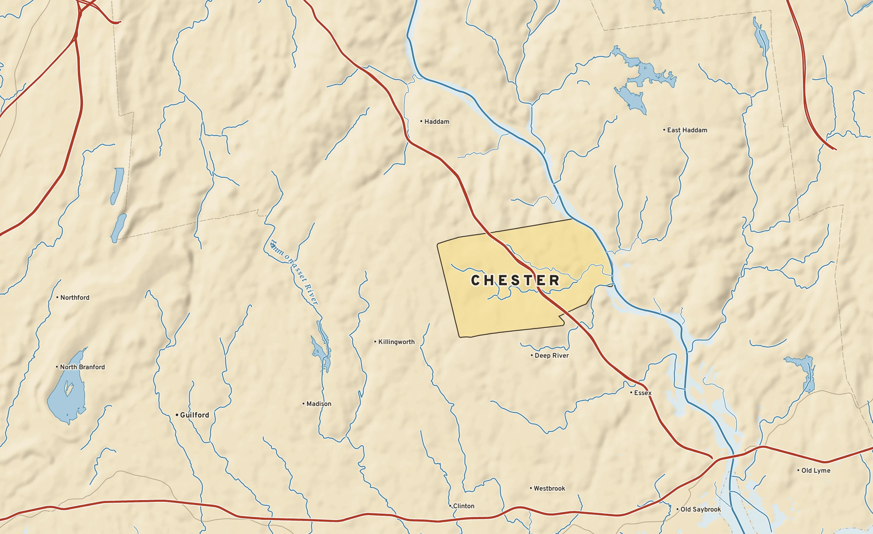 Shaded-relief atlas plate of Chester, Connecticut: rivers, roads, the city limits and where the water drains.