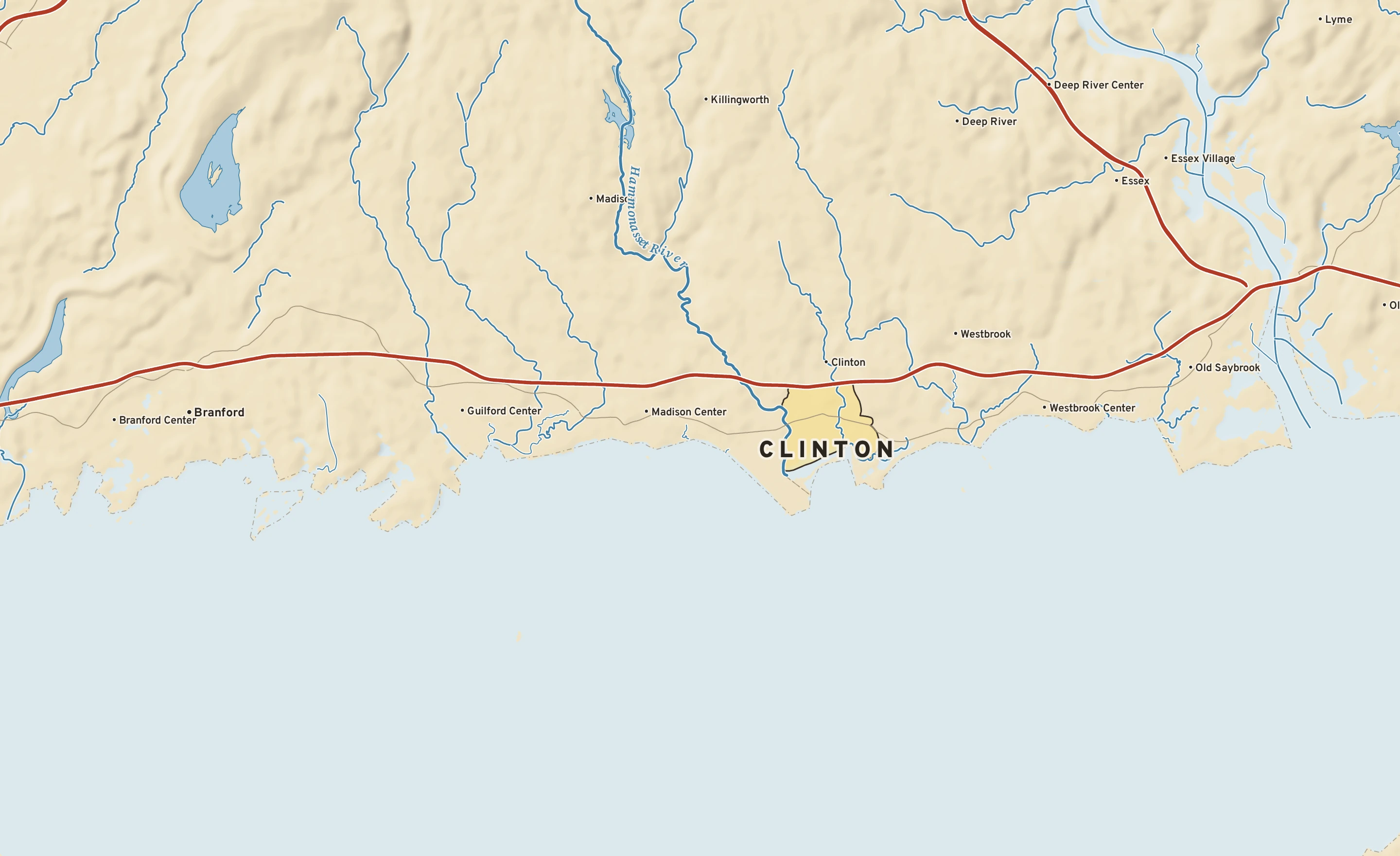 Shaded-relief atlas plate of Clinton, Connecticut: rivers, roads, the city limits and where the water drains.