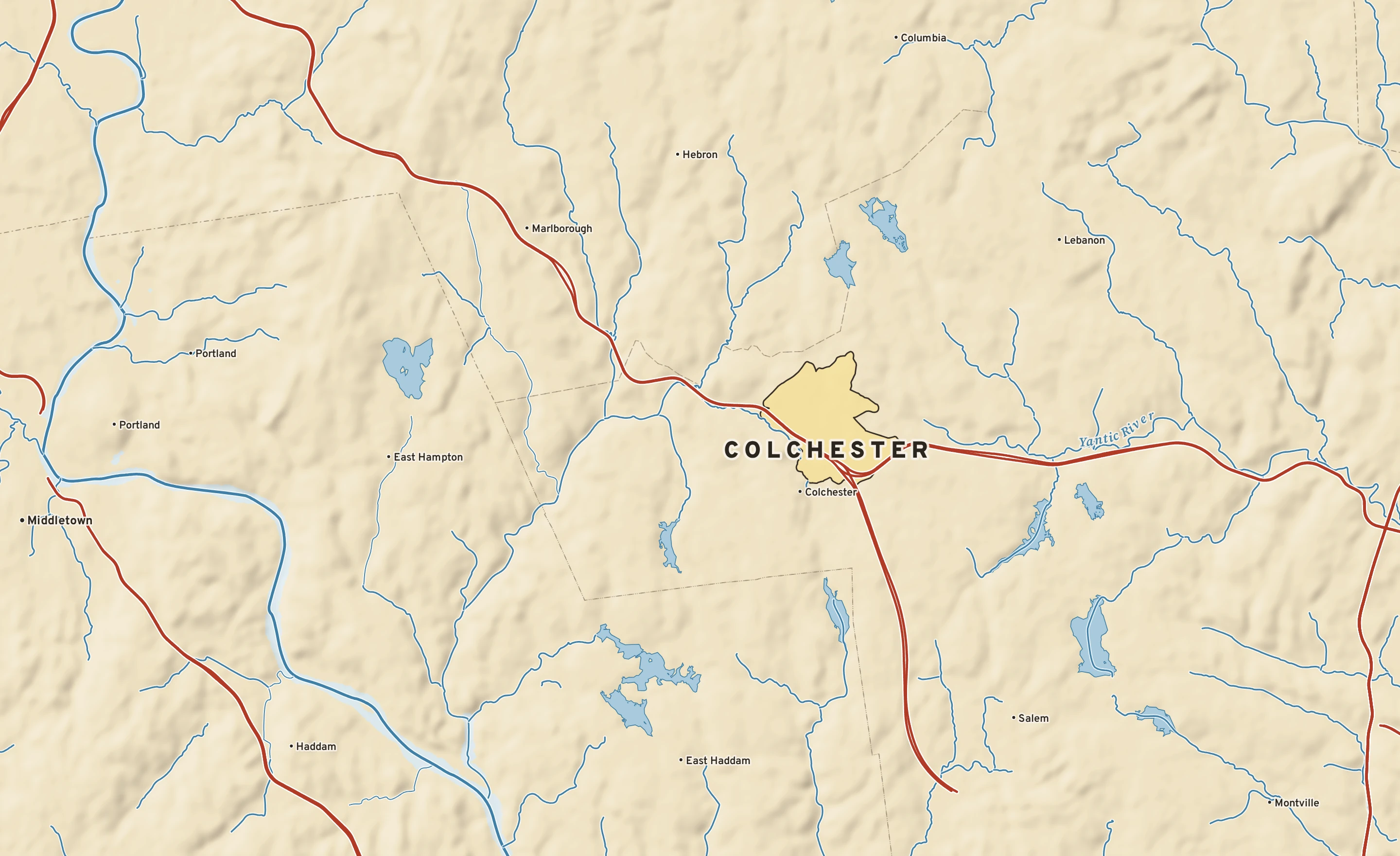 Shaded-relief atlas plate of Colchester, Connecticut: rivers, roads, the city limits and where the water drains.