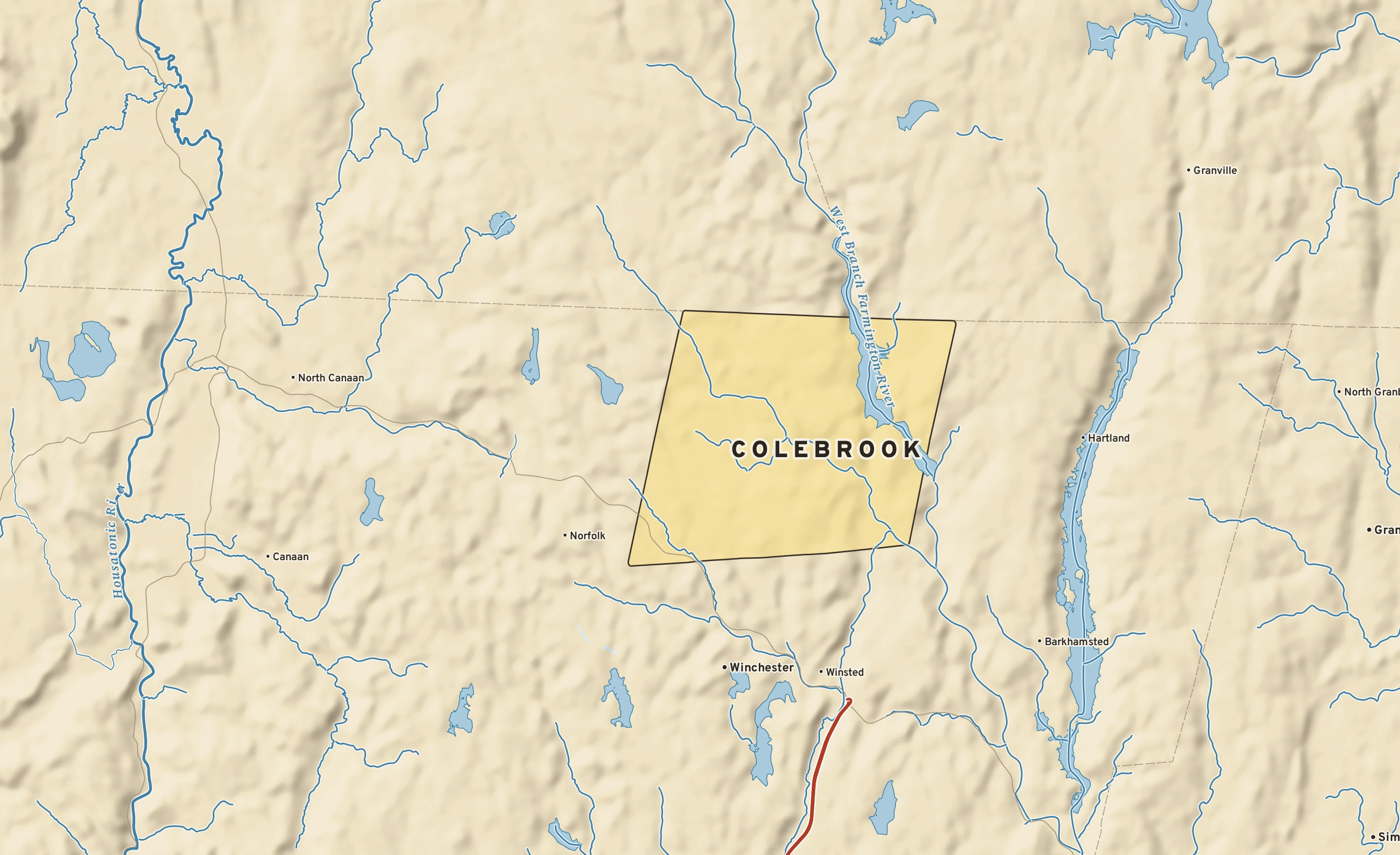 Shaded-relief atlas plate of Colebrook, Connecticut: rivers, roads, the city limits and where the water drains.