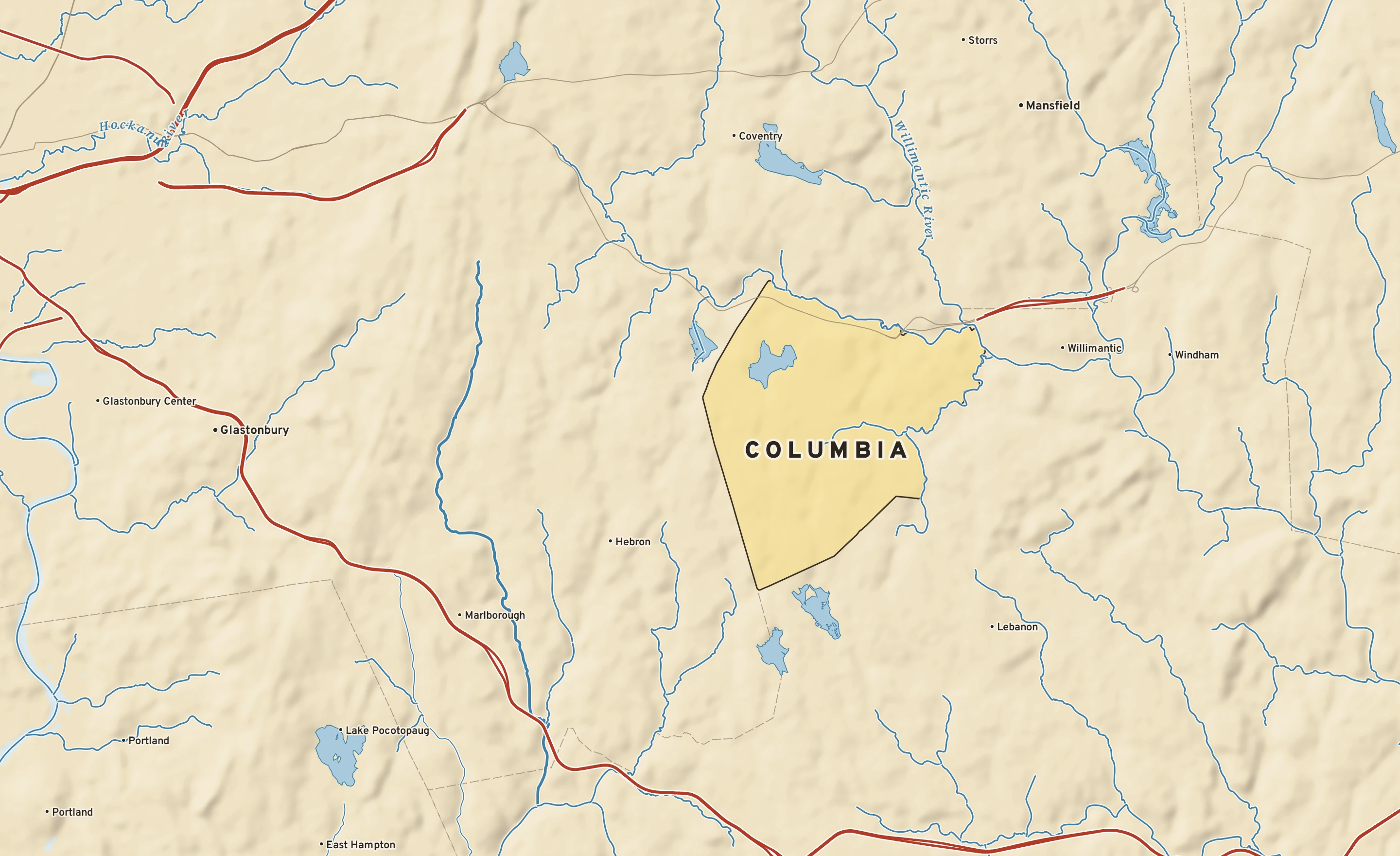 Shaded-relief atlas plate of Columbia, Connecticut: rivers, roads, the city limits and where the water drains.