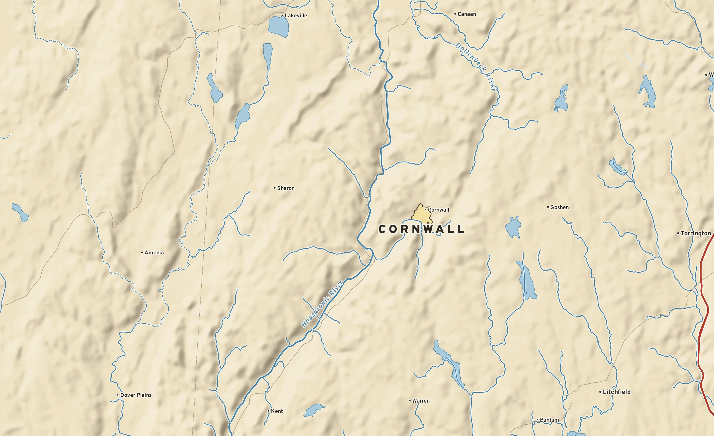 Shaded-relief atlas plate of Cornwall, Connecticut: rivers, roads, the city limits and where the water drains.