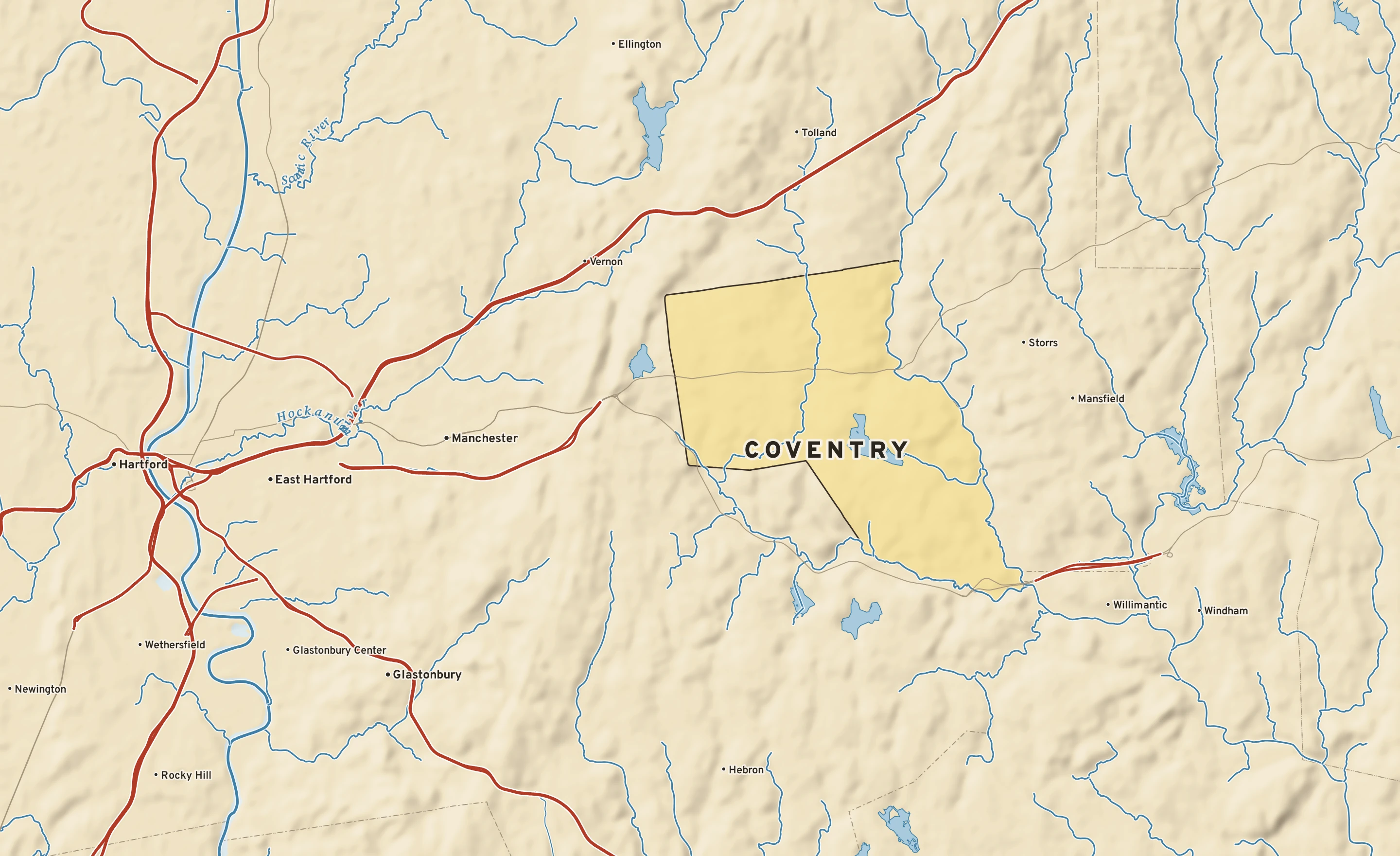 Shaded-relief atlas plate of Coventry, Connecticut: rivers, roads, the city limits and where the water drains.