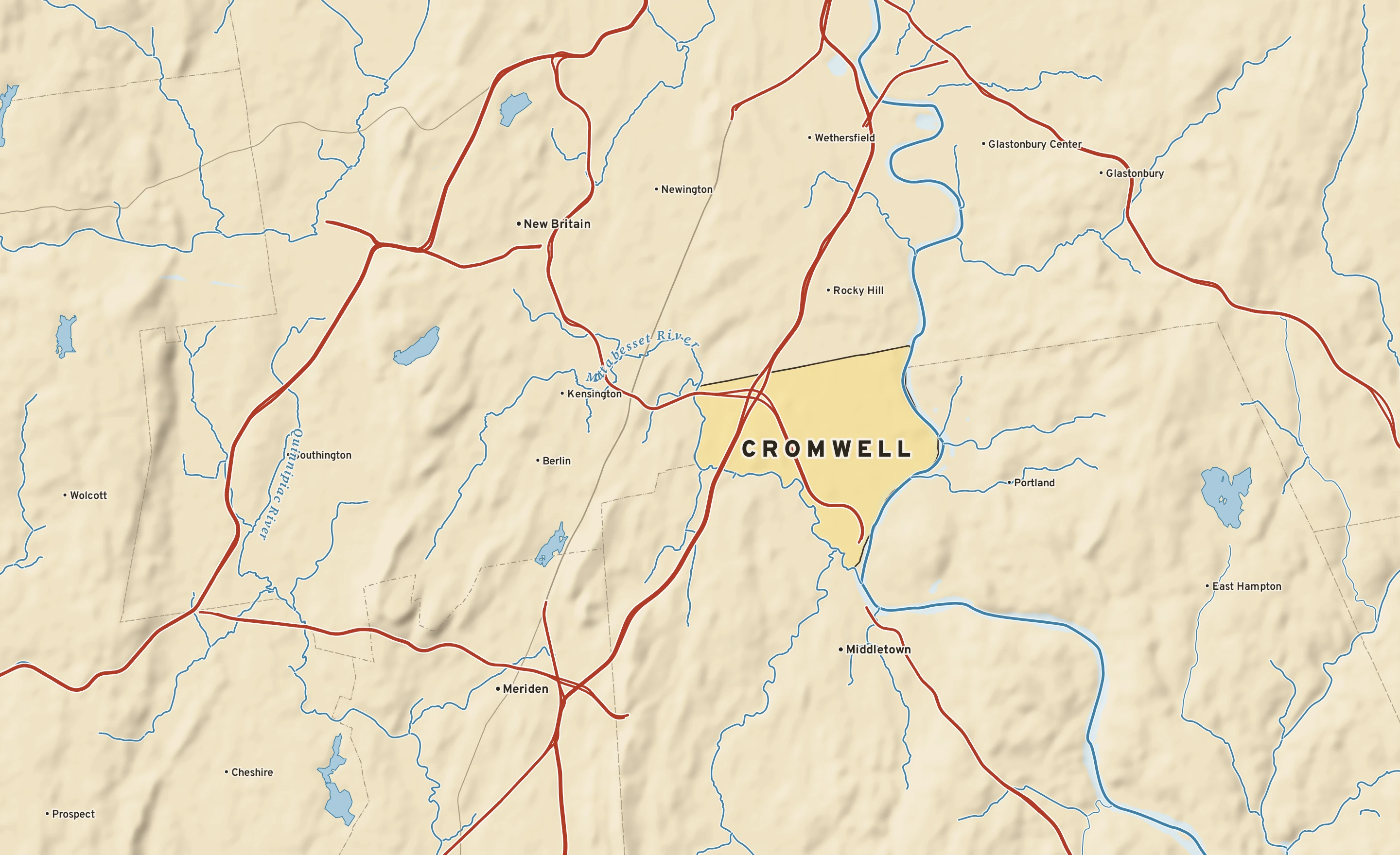 Shaded-relief atlas plate of Cromwell, Connecticut: rivers, roads, the city limits and where the water drains.