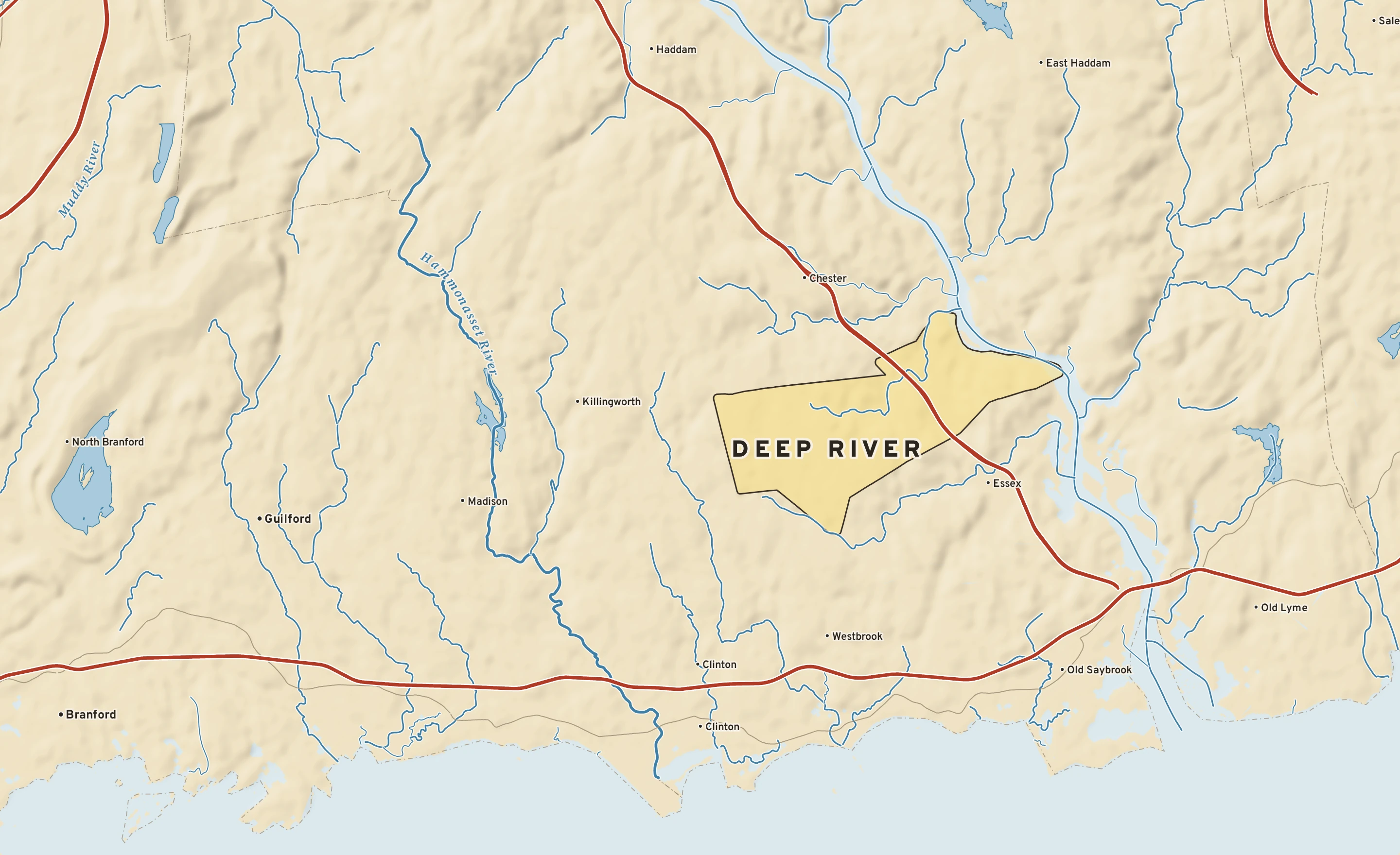 Shaded-relief atlas plate of Deep River, Connecticut: rivers, roads, the city limits and where the water drains.