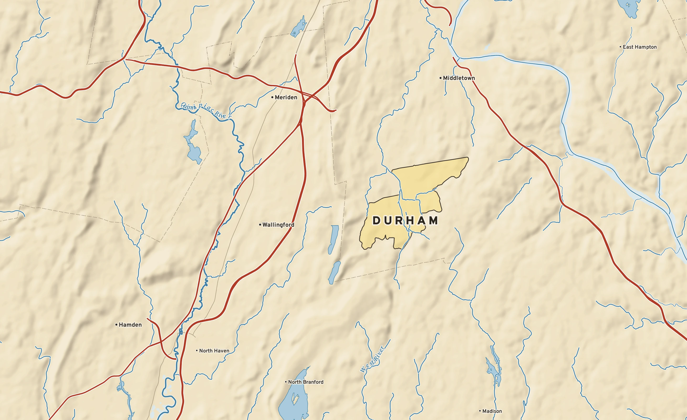 Shaded-relief atlas plate of Durham, Connecticut: rivers, roads, the city limits and where the water drains.