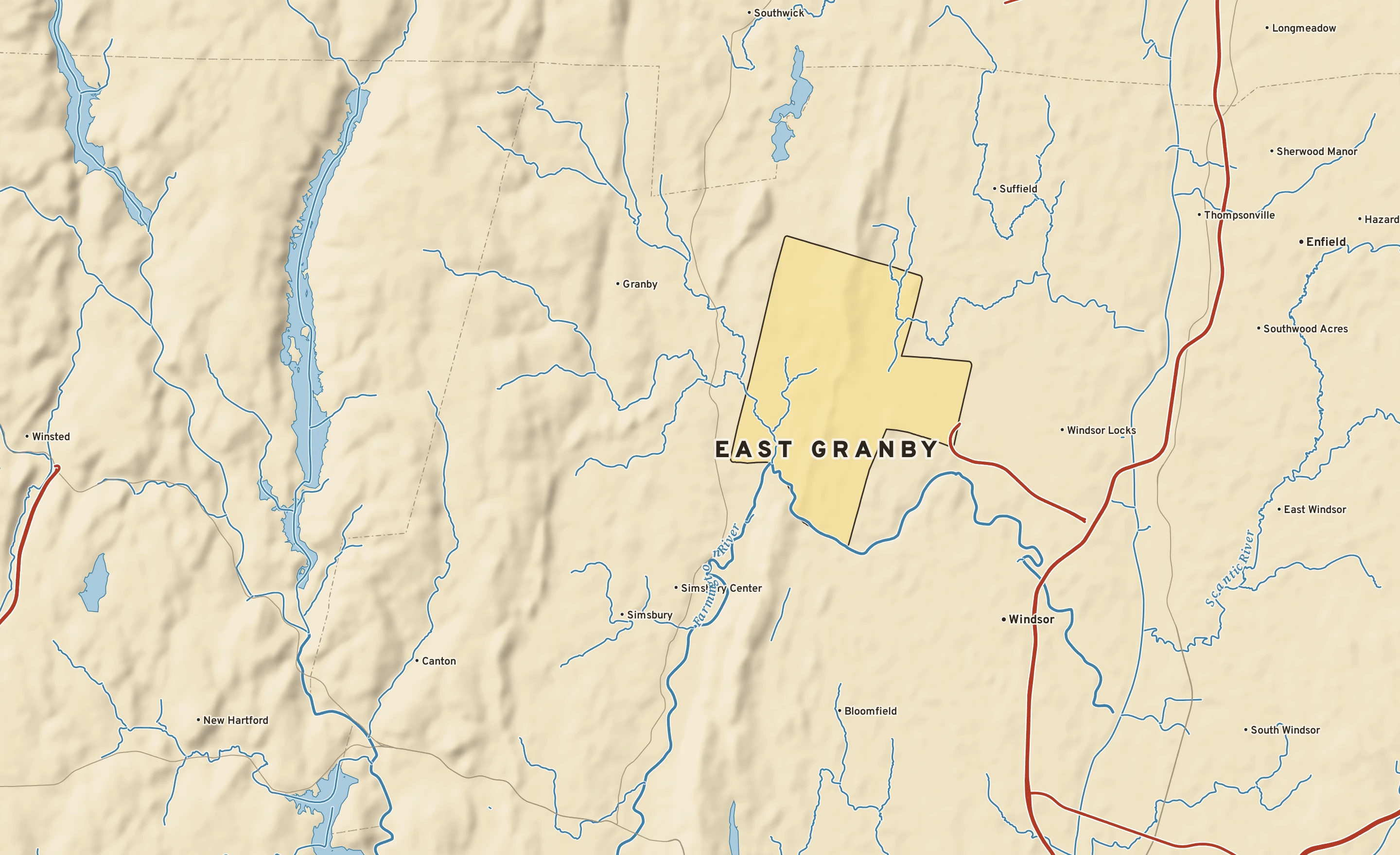 Shaded-relief atlas plate of East Granby, Connecticut: rivers, roads, the city limits and where the water drains.