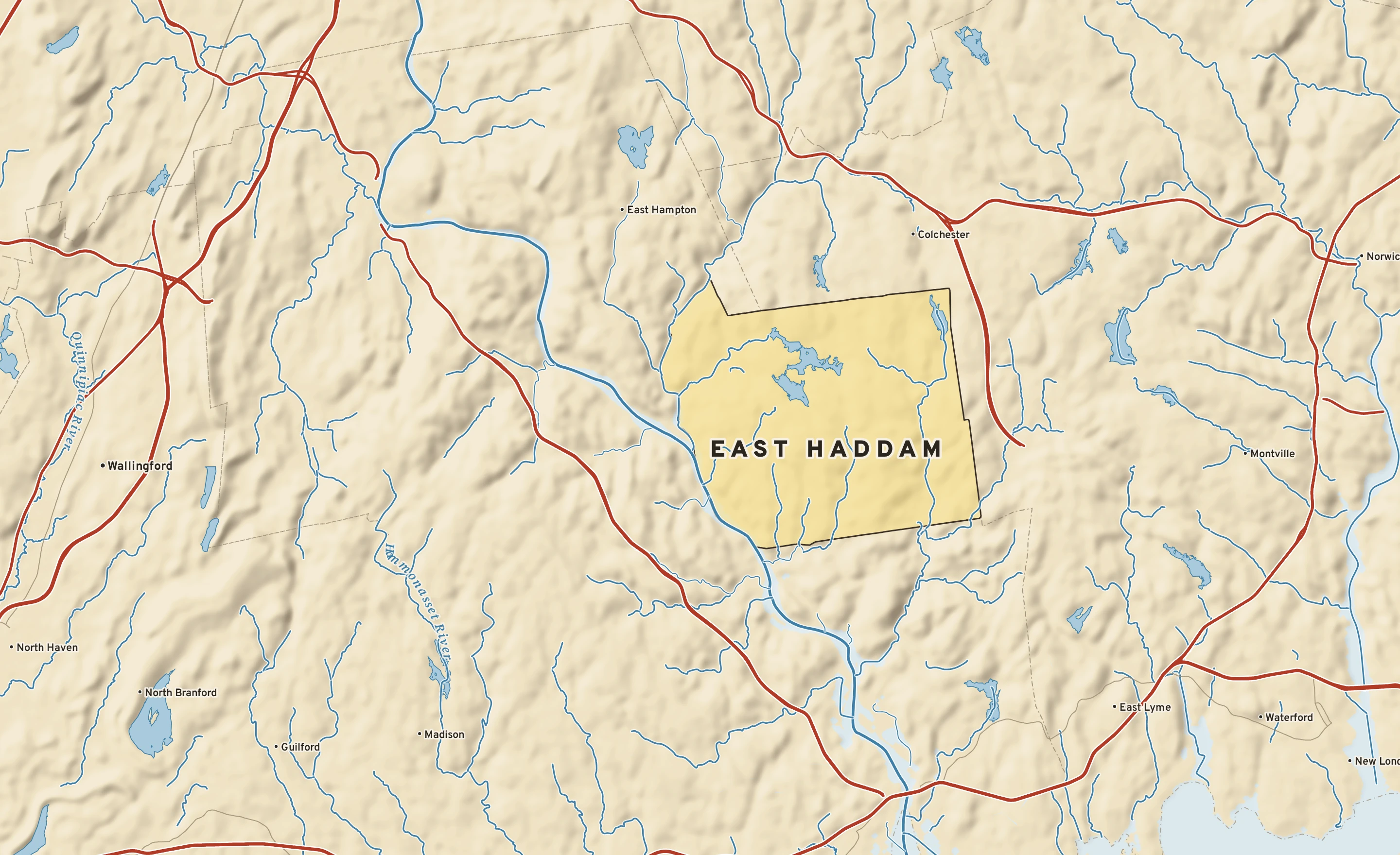 Shaded-relief atlas plate of East Haddam, Connecticut: rivers, roads, the city limits and where the water drains.